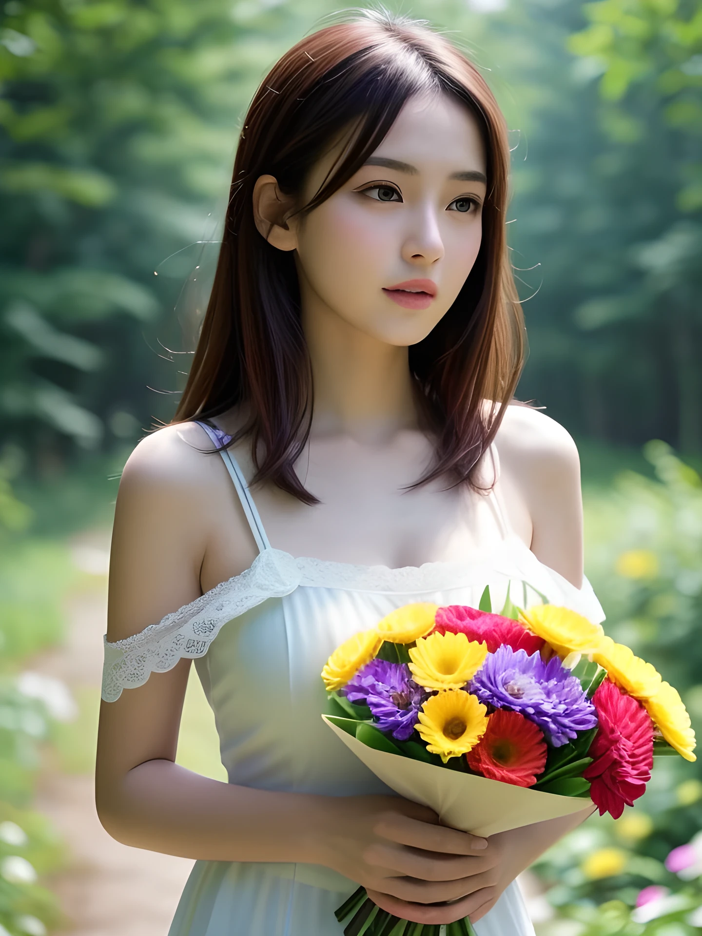 masterpiece, highest quality, High resolution, wallpaper, realistic, (bright lighting:1.4), professional lighting, face light, smooth lighting, japanese girl, full body, cute, open mouth to say something, shy, (A big bouquet of colorful beautiful flowers:1.5), held in front of her chest, so big that it covers her entire body, Beautiful girl, gravure, sexy, super beautiful, beautiful skin, beautiful and detailed eyes、detailed face、slim、moderately, Medium Hair, brunette colored hair, brown eyes, (looking away:1.4), Summer Dresses, The morning sunlight shines through the misty forest path.