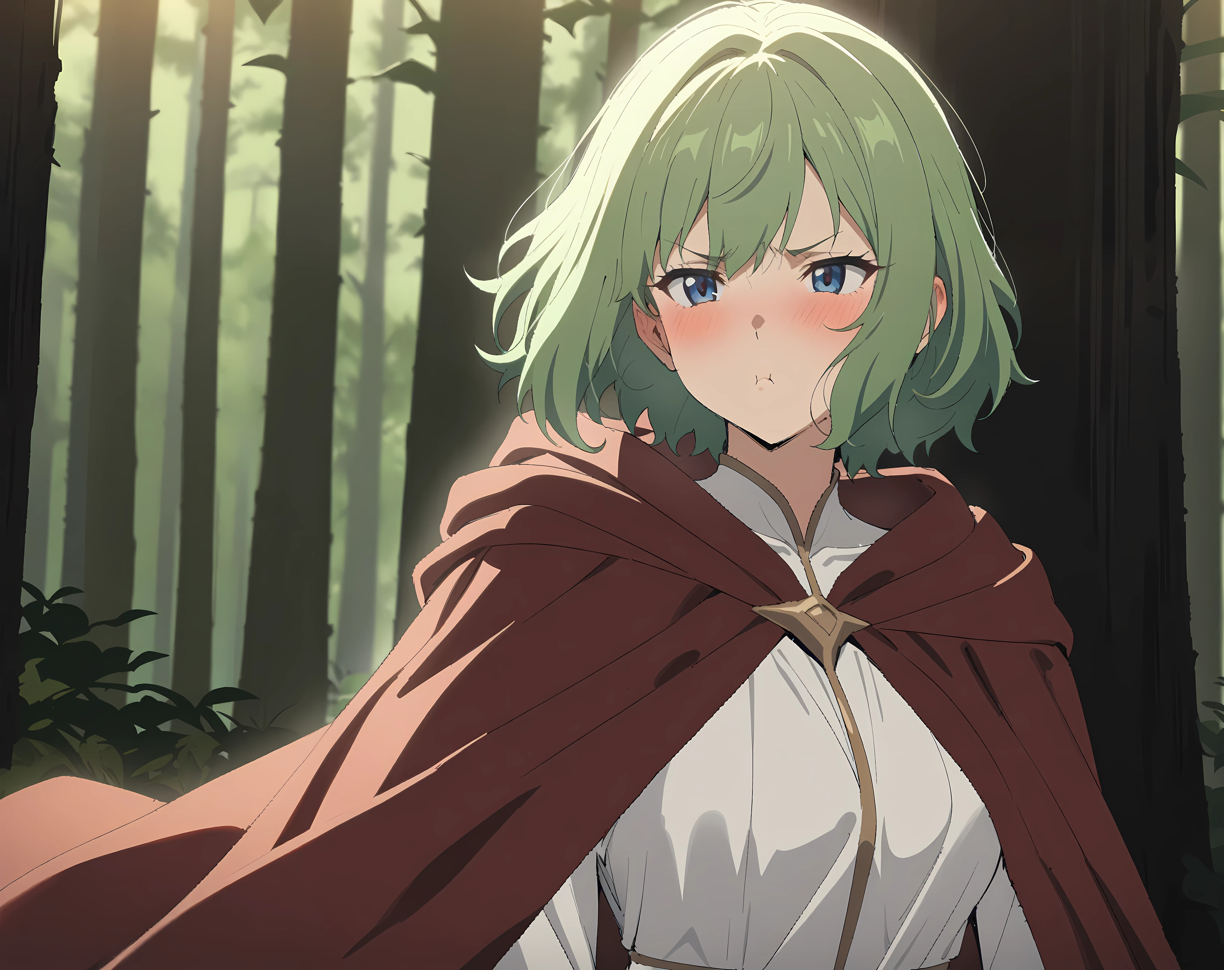 (Masterpiece, best quality, highres, portrait) {{Artist: Sincos}} 1 woman, solo, mature, 24 years old, delicate, elegant, fair skin, blue eyes, short hair, green hair, mage robe, white dress, dark red cloak, tsundere, pouting, standing straight, in forest, daytime.
