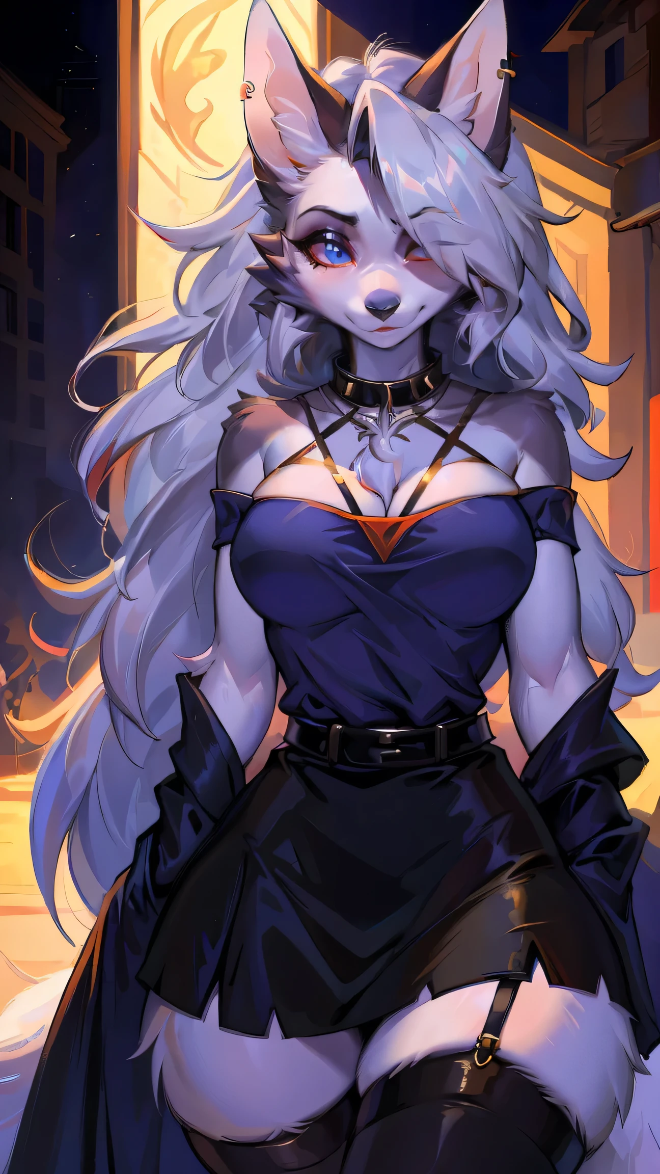 cute,furry_girl,wolf_girl,Elegant figure,Model's body_type,detailed_eyes,silver_hair,cute_ears,wolf_ears,black robe,leggings,fluffy_furs,earrings,upper body,stocking with garterbelt,neck garter,(perfect detailed eyes:1.5),jewelry, blank eyes,brooch,smiling,(front:1.5),(furry:1.5),long lashes,flowy chiffon,well-proportioned figure,(thick thighs:1.1),perfectly high-detail facial features,(perfect detailed eyes:1.5),silky long hair,masterpiece, best quality, Ultra-high quality, Ridiculous details,(best quality,4k,8k,highres,masterpiece:1.2),ultra-detailed