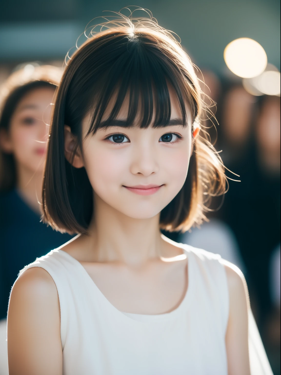 Neat and clean elementary school girl, people, (slim, small, flat, small), Black-haired, Realistic, detailed, detailedな肌の質感, 超detailed, Delicate clavicle, smile, 非常にdetailedな顔, detailedな唇, Fine grain, (12-year-old girl)、Delicate eyebrows、Short neck、Professional photography、(Staring at the audience)、Flare、(Unique beautiful girls)、30mm prime lens、Soft Focus、I narrowed my eyes.、pores、Body hair