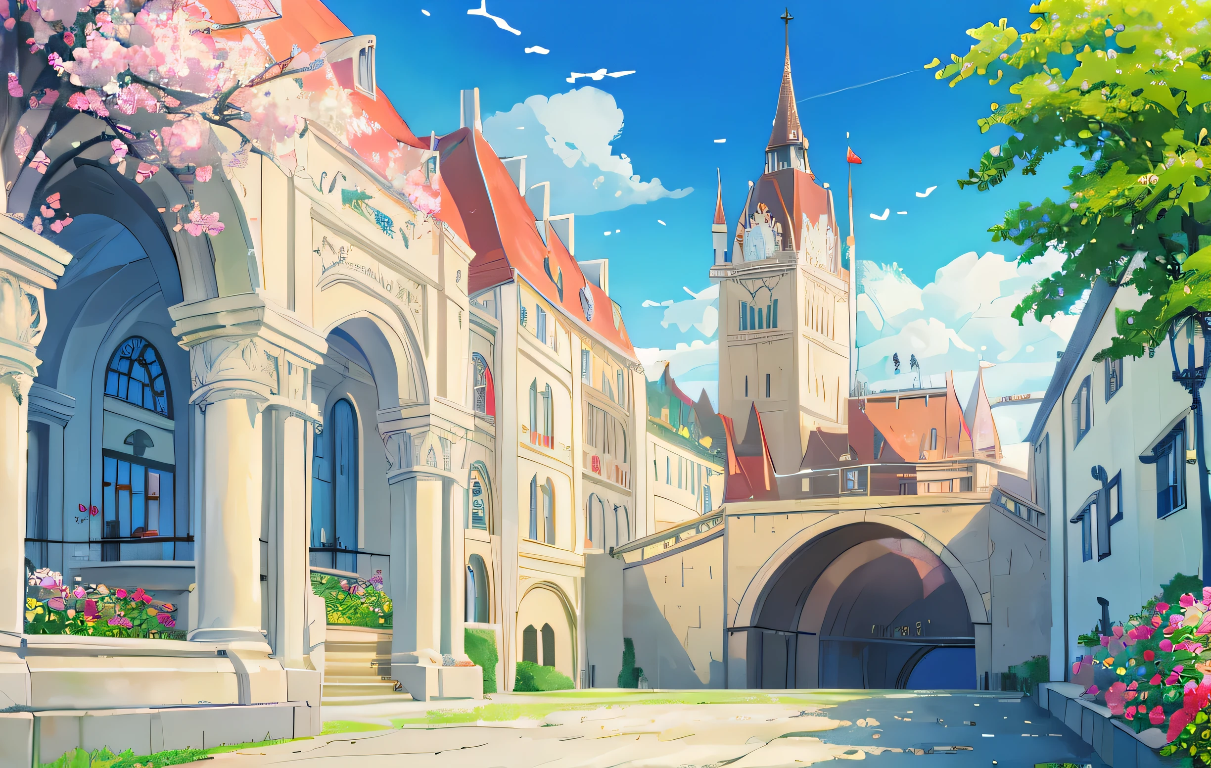 castle School,white gold color, Luxury, Surrounded by Flowers, Fantasy , The feathers fell slightly, gracefully