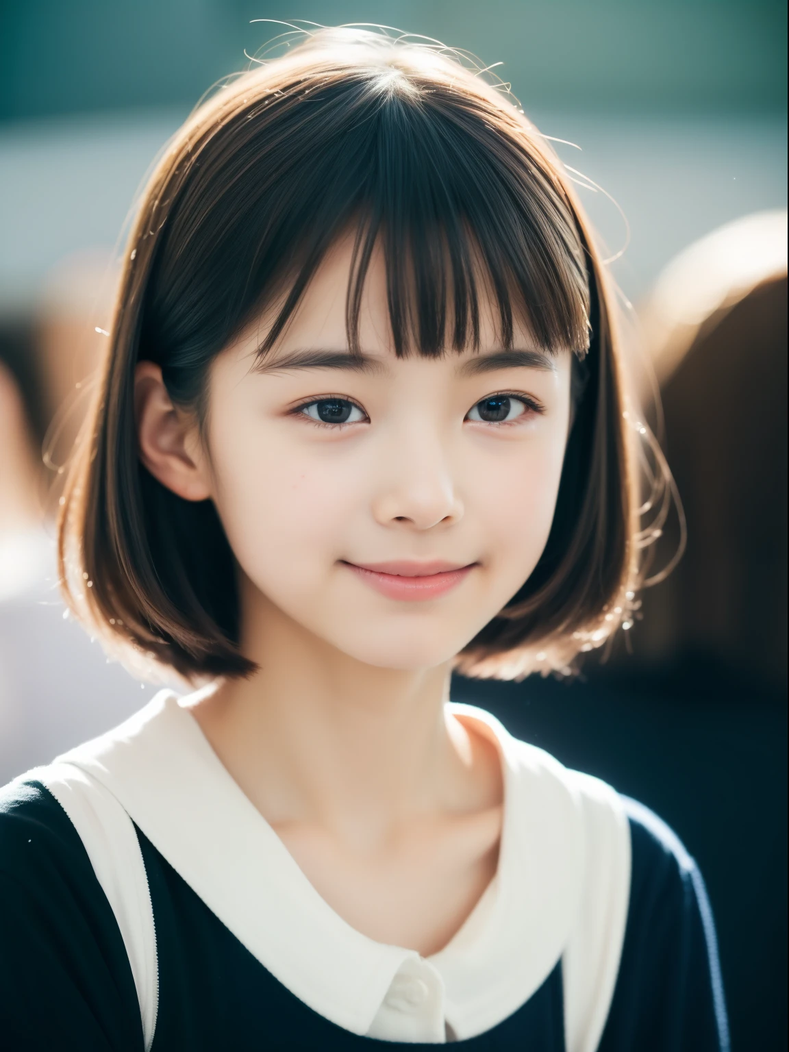 Neat and clean elementary school girl, people, (slim, small, flat, small), Black-haired, Realistic, detailed, detailedな肌の質感, 超detailed, Delicate clavicle, smile, 非常にdetailedな顔, detailedな唇, Fine grain, (12-year-old girl)、Delicate eyebrows、Short neck、Professional photography、(Staring at the audience)、Flare、(Unique beautiful girls)、30mm prime lens、Soft Focus、I narrowed my eyes.、pores、Body hair