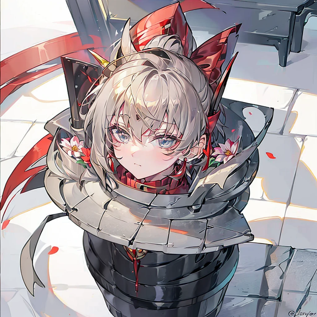 Gray Hair, Gray Eyes, ponytail, Royalty, Red Jewelry, Red Earrings, Lunar, Nobility, Nobleman, High Quality, Highly Detailed, Detailed Face, Masterpiece, Castle, Drinking Tea, Garden, Flowers, Lights