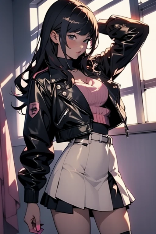 Anime girl in short skirt and leather jacket posing in the room, a hyperrealistic schoolgirl, hyperrealistic schoolgirl, realistic schoolgirl, Attractive anime girl, Lovely , schoolgirl, beautiful anime high schoolgirl, cyber schoolgirl, Realistic anime girl render, Beautiful seductive anime teen, Knee-high socks and skirt, Realistic anime, Smooth anime CG art