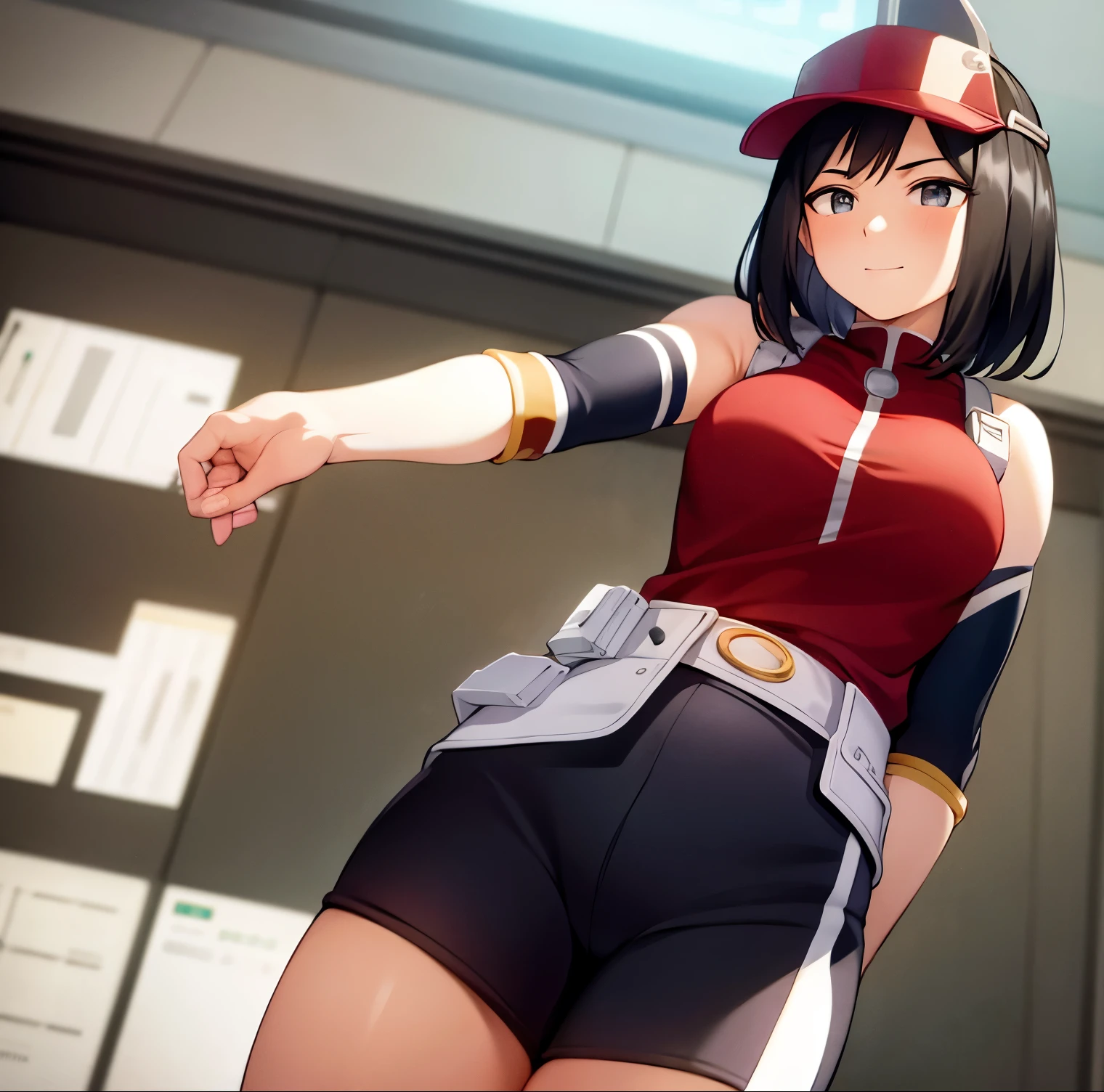 1girl, alone, yui kodai, artwork, black horse, medium hair, black eyes, smiling, embarrassed, mouth closed, teacher, best quality, (cap with visor: 1.2), (red blouse: 1.2), neckline, sleeveless, belt, (white shorts: 1.2), short shorts, (white sneakers: 1.2) large breasts, medium waist, wide hips, medium thighs, round butt, white boots, standing, from behind, looking at viewer, point of view ( from below),