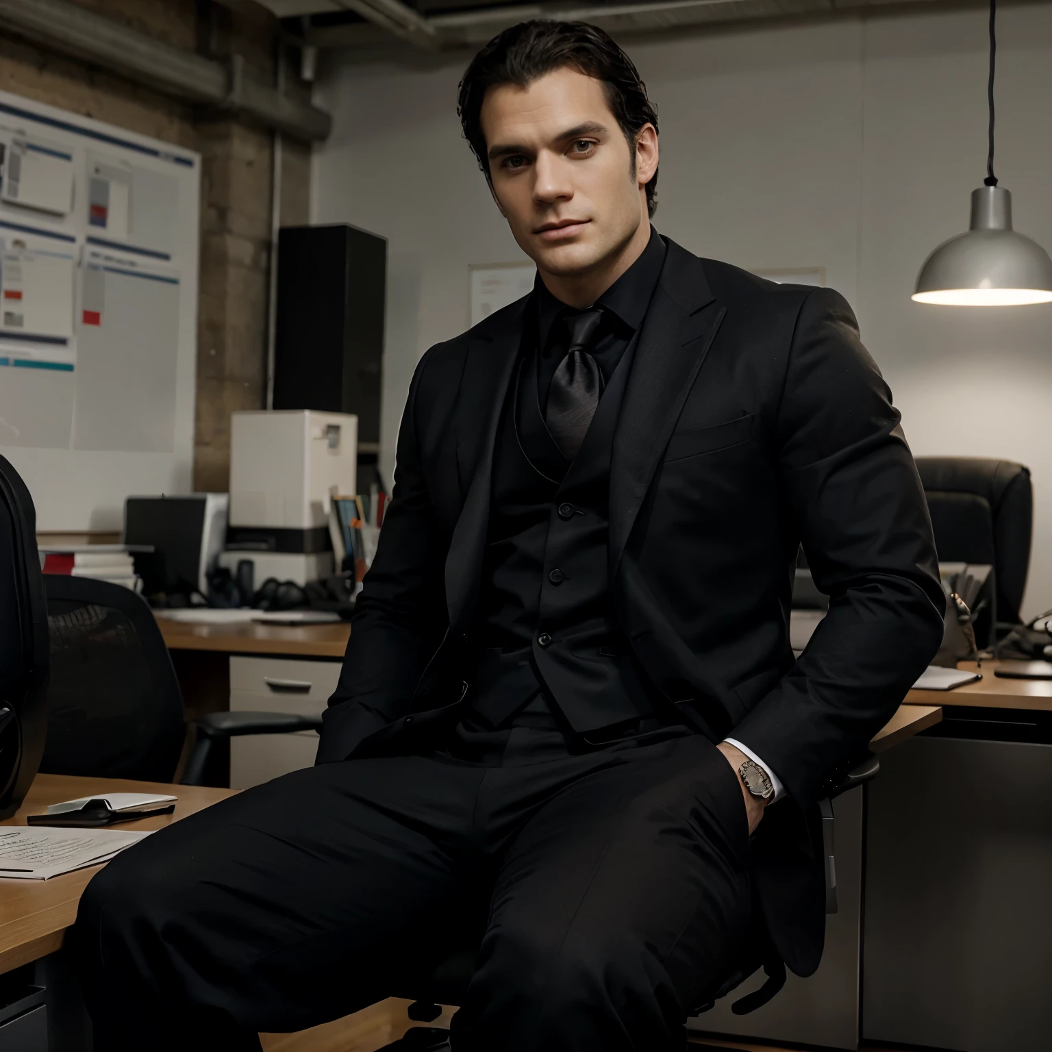 Make a picture of Henry Cavill sitting in an office chair, He's wearing a black suit