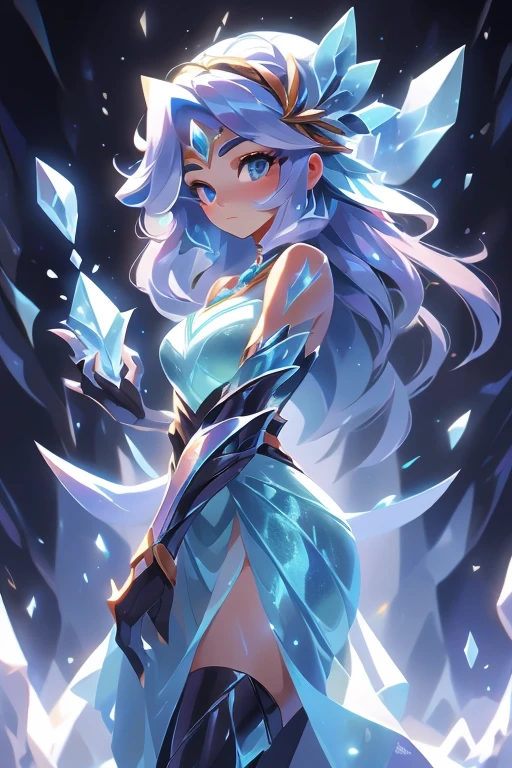 Sozinho, 1 pessoa, Ethereal Ice Goddess, bioluminescence. Your eyes are the focal point, telling stories of ancient frosts and frozen kingdoms. chiseled features, um rosto delicado cercado por gelo, cabelos brancos brilhantes. In the right hand, ela empunha um intrincado cetro de gelo, while his left hand casts a powerful spell, congelando tudo em seu caminho. Exuding an aura of chilling elegance, She's in a cinematic ice kingdom, with drifting snowflakes, Esculturas congeladas, and intricate ice patterns. O ambiente circundante ecoa seu poder, com geleiras, e cristais de gelo flutuantes, reflecting the cold and pure essence of your being."