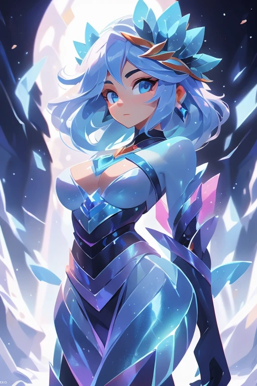 Sozinho, 1 pessoa, Ethereal Ice Goddess,  bioluminescence. Your eyes are the focal point, telling stories of ancient frosts and frozen kingdoms. chiseled features, um rosto delicado cercado por gelo, cabelos brancos brilhantes. In the right hand, ela empunha um intrincado cetro de gelo, while his left hand casts a powerful spell, congelando tudo em seu caminho. Exuding an aura of chilling elegance, She's in a cinematic ice kingdom, with drifting snowflakes, Esculturas congeladas, and intricate ice patterns. O ambiente circundante ecoa seu poder, com geleiras, e cristais de gelo flutuantes, reflecting the cold and pure essence of your being."
