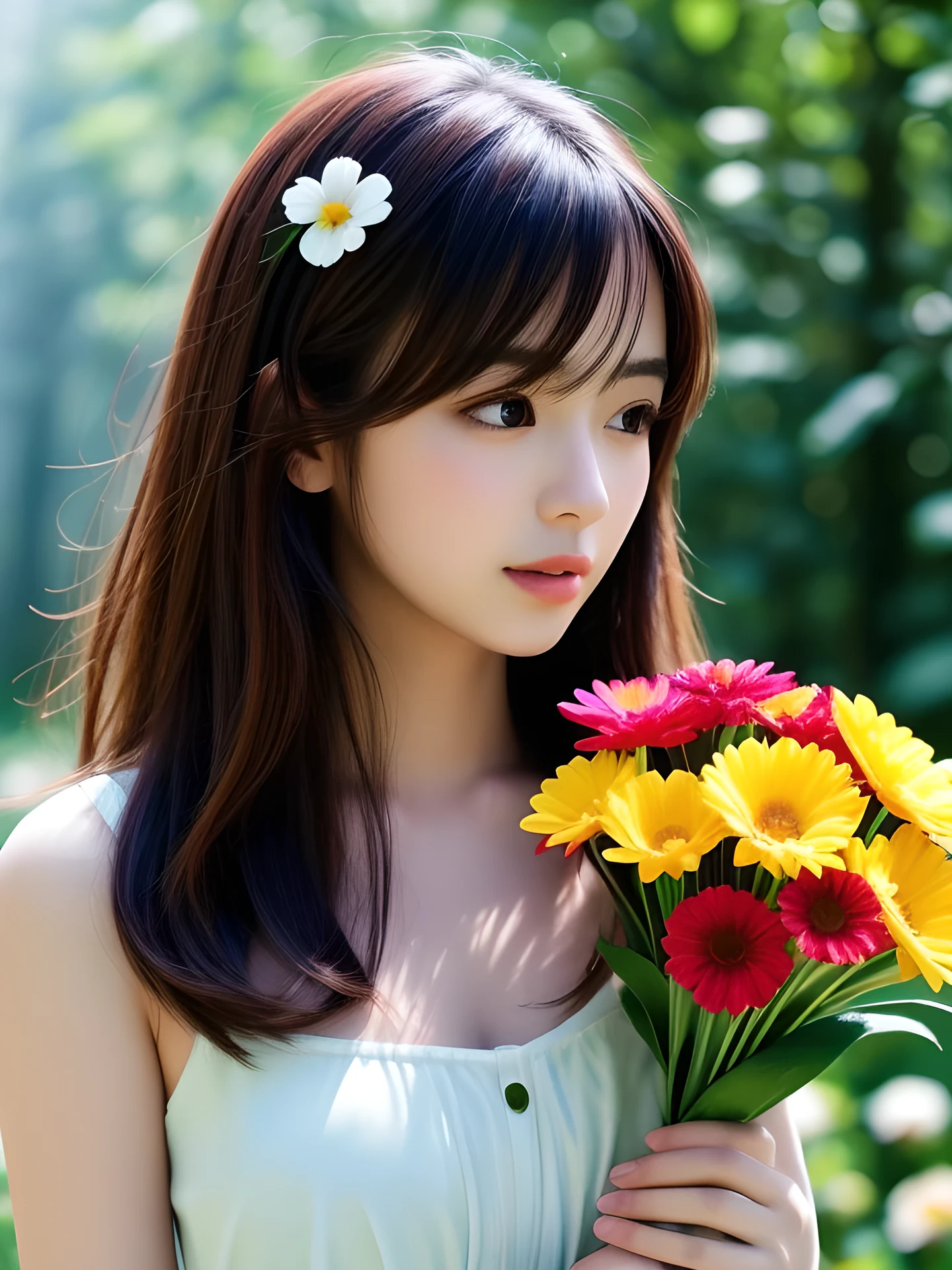 masterpiece, highest quality, High resolution, wallpaper, realistic, (bright lighting:1.4), professional lighting, face light, smooth lighting, japanese girl, full body, cute, open mouth to say something, shy, (A big bouquet of colorful beautiful flowers:1.5), held in front of her chest, so big that it covers her entire body, Beautiful girl, gravure, sexy, super beautiful, beautiful skin, beautiful and detailed eyes、detailed face、slim、moderately, Medium Hair, brunette colored hair, brown eyes, (looking away:1.4), Summer Dresses, The morning sunlight shines through the misty forest path.