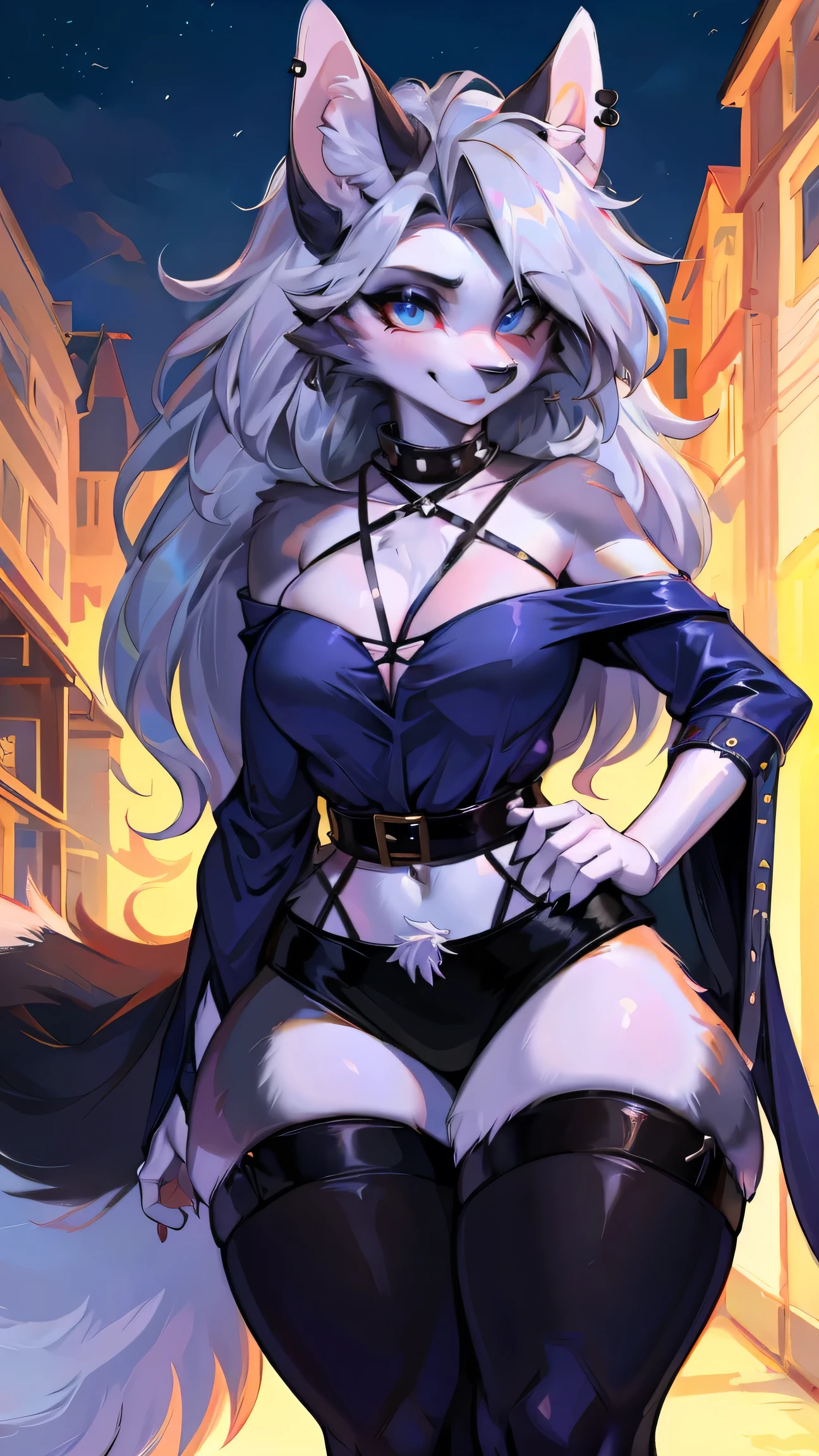 cute,furry_girl,wolf_girl,Elegant figure,Model's body_type,detailed_eyes,silver_hair,cute_ears,wolf_ears,black robe,fluffy_furs,earrings,stocking with garterbelt,neck garter,(perfect detailed eyes:1.5),(front:1.5),(furry:1.5),long lashes,flowy chiffon,(thick thighs:1.1),perfectly high-detail facial features,silky long hair,masterpiece, best quality, Ultra-high quality, Ridiculous details,(best quality,4k,8k,highres,masterpiece:1.2),ultra-detailed