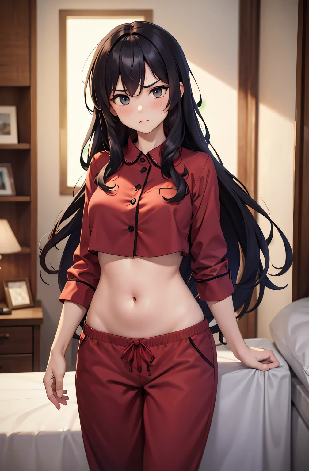 super fine illustration, vibrant colors, masterpiece, sharp focus, best quality, depth of field, cinematic lighting, ultra detailed, sleeves, crop top, pajamas, button-up, pajama pants, drawstring, belly button, wide hips, 1 woman, home, solo, very messy hair, dark color hair, long hair, curly hair, blush, angry, room, indoors, mature female, tall woman, medium breasts, hip rest