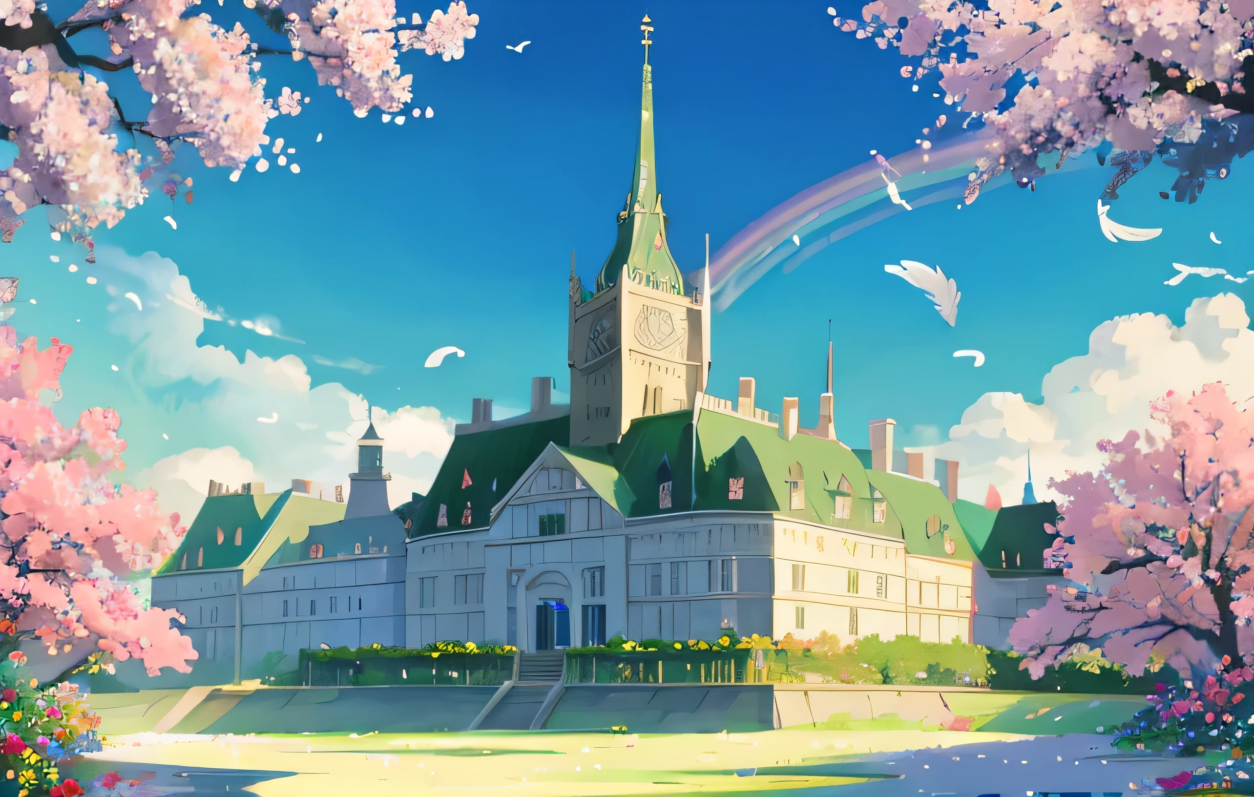 castle School,white gold color, Luxury, Surrounded by Flowers, Fantasy , The feathers fell slightly, gracefully, Delicate, has a faint rainbow