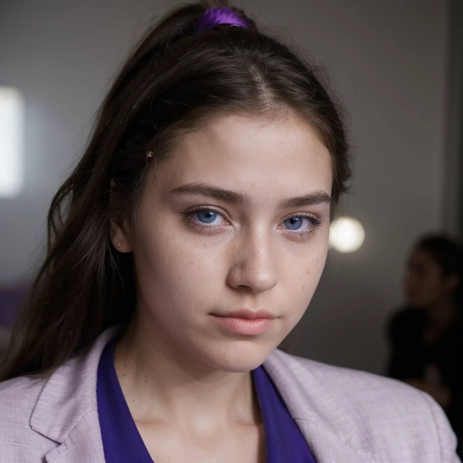 photo of a college student,16 years old, in Purple Pink, futuristic linen space suit, (freckles:0.8) cute face, sci-fi, dystopian, detailed eyes, cobalt blue eyes((Side view))