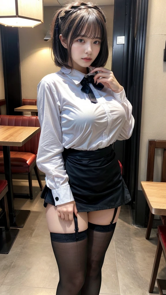 muste piece, best quality, illustration, Super detailed, fine details, High resolution, 8K,wall paper, perfect dynamic composition,(Details High quality, realistic depiction of eyes:1.3), waitress uniform, restaurant, huge breasts, short bob hair、black hair color, Big Natural Color Lip, (perfect body shape), crying a little、cold gaze, Harajuku style、20 year old girl、cute type、lolita、beautiful legs, focus on crotch, full body photo, gravure idol