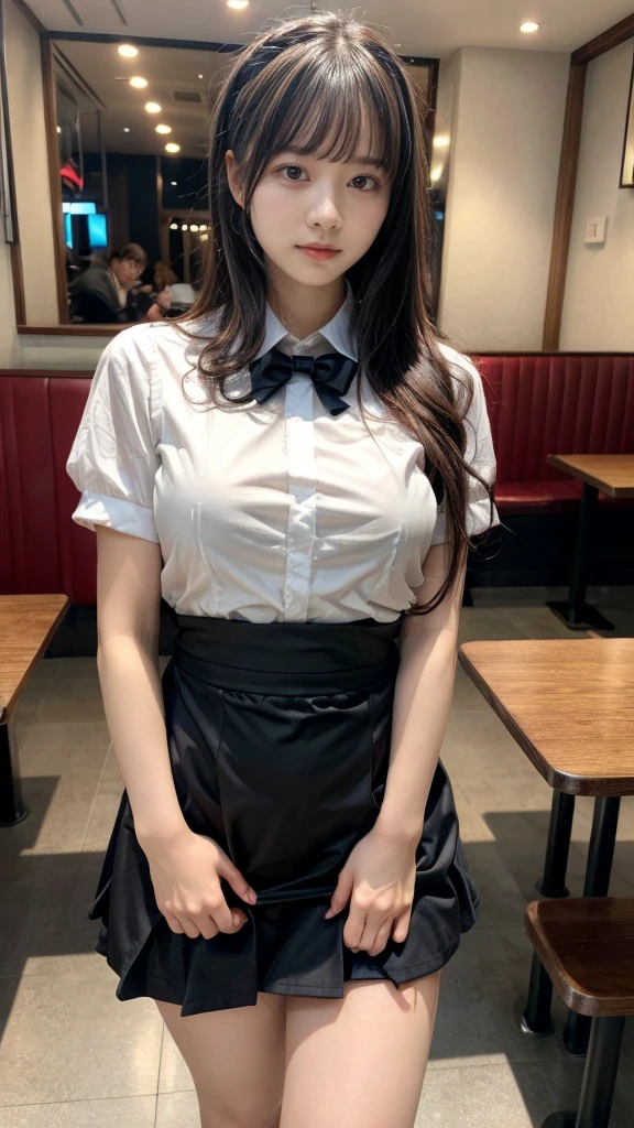 muste piece, best quality, illustration, Super detailed, fine details, High resolution, 8K,wall paper, perfect dynamic composition,(Details High quality, realistic depiction of eyes:1.3), waitress uniform, restaurant, huge breasts, short bob hair、black hair color, Big Natural Color Lip, (perfect body shape), crying a little、cold gaze, Harajuku style、20 year old girl、cute type、ta、beautiful legs, focus on crotch, full body photo, gravure idol