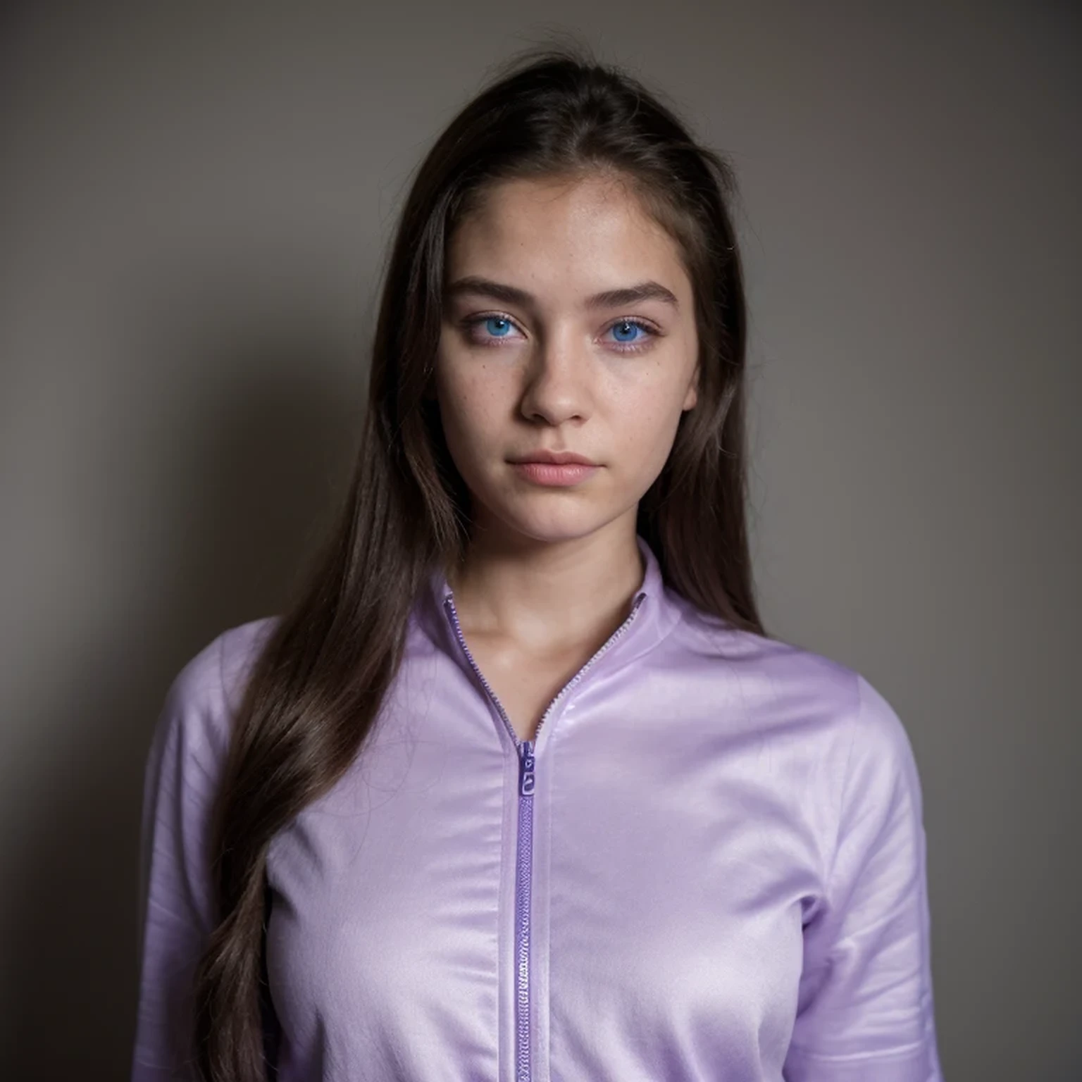 photo of a college student，, in Purple Pink, futuristic linen space suit, (freckles:0.8) cute face, sci-fi, dystopian, detailed eyes, cobalt blue eyes（（Side view））