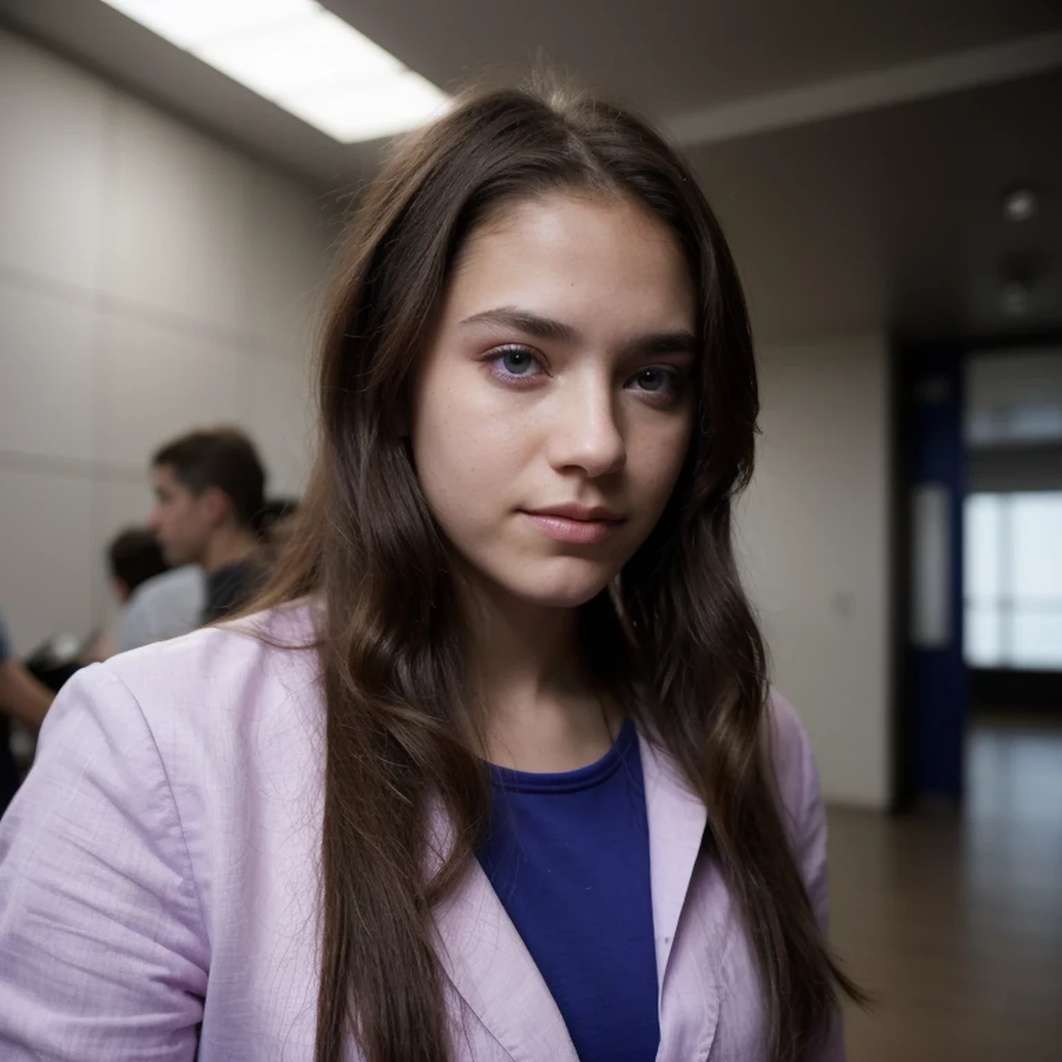 photo of a college student，, in Purple Pink, futuristic linen space suit, (freckles:0.8) cute face, sci-fi, dystopian, detailed eyes, cobalt blue eyes（（Side view））