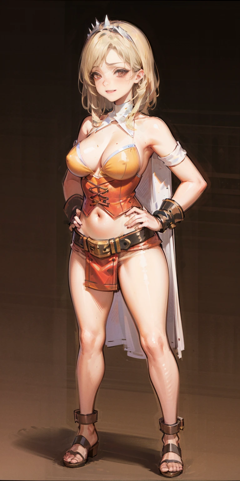 ((BLACK BACKGROUND,1:2, masterpiece)), full body MILF BIMBO standing with two long thighs and two metal sandals, red eyes, silver white hair, short bob style hair, big breasts, cleavage, separate sleeves, tiara royal, long cape up to two feet, yellow bikini, hands on waist, navel, lustful smirking smiling, smile face (red blushed, red cheeks), metal shoulders, gold sleeveless armbands, black leather choker slave collar, shackle bracelets, sex slave red crest, pauldrons, breastplate, corset, eye focus, full body, whole body. 1solo . slave fighter, loincloth standing, hands on hips, metal sandals, backpack, choker, big belt, view from below, feet together, bracers, tiara)
