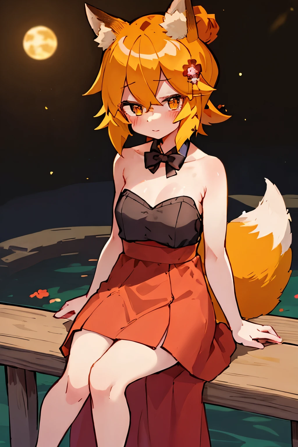 masterpiece, best quality, highly detailed, sen, animal ears, fox ears, fox girl, fox tail, hair flower, hair ornament, orange eyes, orange hair, short hair, tail, blush, looking at viewer, , girl, small breasts, detailed hands, keqing (opulent splendor) (genshin impact), official alternate costume, dress, night, strapless dress, looking at viewer, cleavage, black dress, strapless, bare shoulders, bangs, bow, detached collar, ribbon, double bun, two-tone dress, hair ornament, black bow, hair ribbon, blue dress, bowtie, sitting on bench