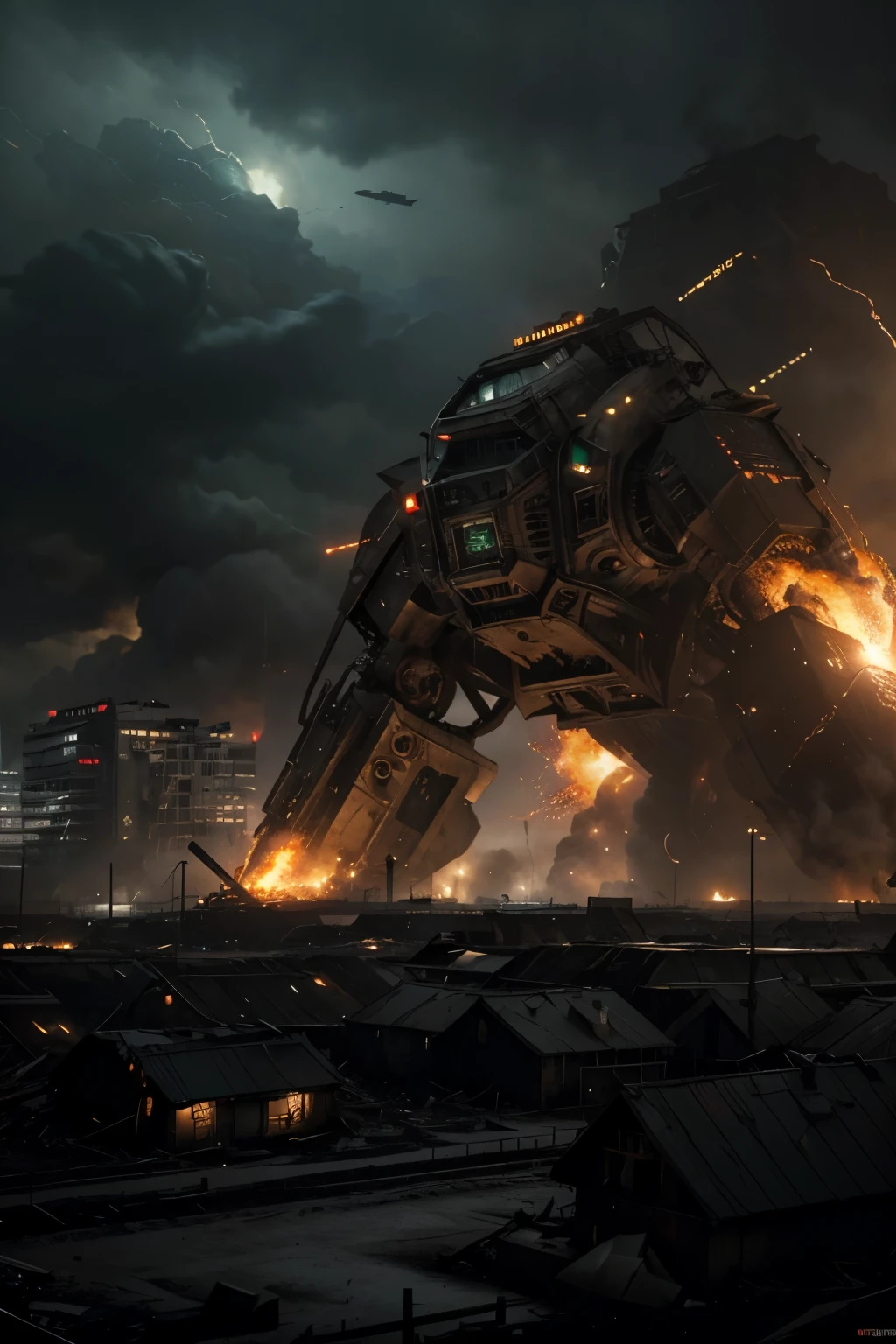 (best quality,4k,8k,highres,masterpiece:1.2),ultra-detailed,realistic,physically-based rendering,professional,vivid colors,bokeh,portraits,horror,concept artists,machinery,dystopian environment,dark atmosphere,chilling,apocalyptic,war zone,cyberpunk,mechanical monsters,powerful war machines,metallic structures,giant robotic creatures,fire and smoke,eerie lighting,sinister shadows,ruined buildings,debris and destruction,massive destruction,impending doom,crumbling civilization,ominous,imposing presence,intense battle,devastation,menacing,ominous rumbling,warfare and chaos,explosions and sparks,overwhelming power,doomsday prophecy,bleak future,ominous machines marching towards catastrophe,menacing presence,industrial nightmare,mechanical monstrosities,grim and desolate scene,ruthless machines annihilating everything