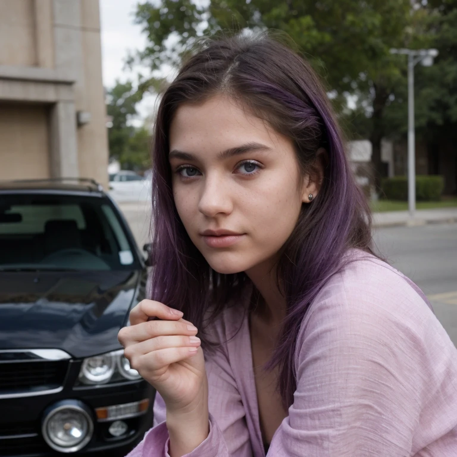 photo of a college student，16 years old, in Purple Pink,  Linen coarse cloth, (freckles:0.8) cute face, sci-fi, dystopian, detailed eyes, cobalt blue eyes（（Side view））Shy