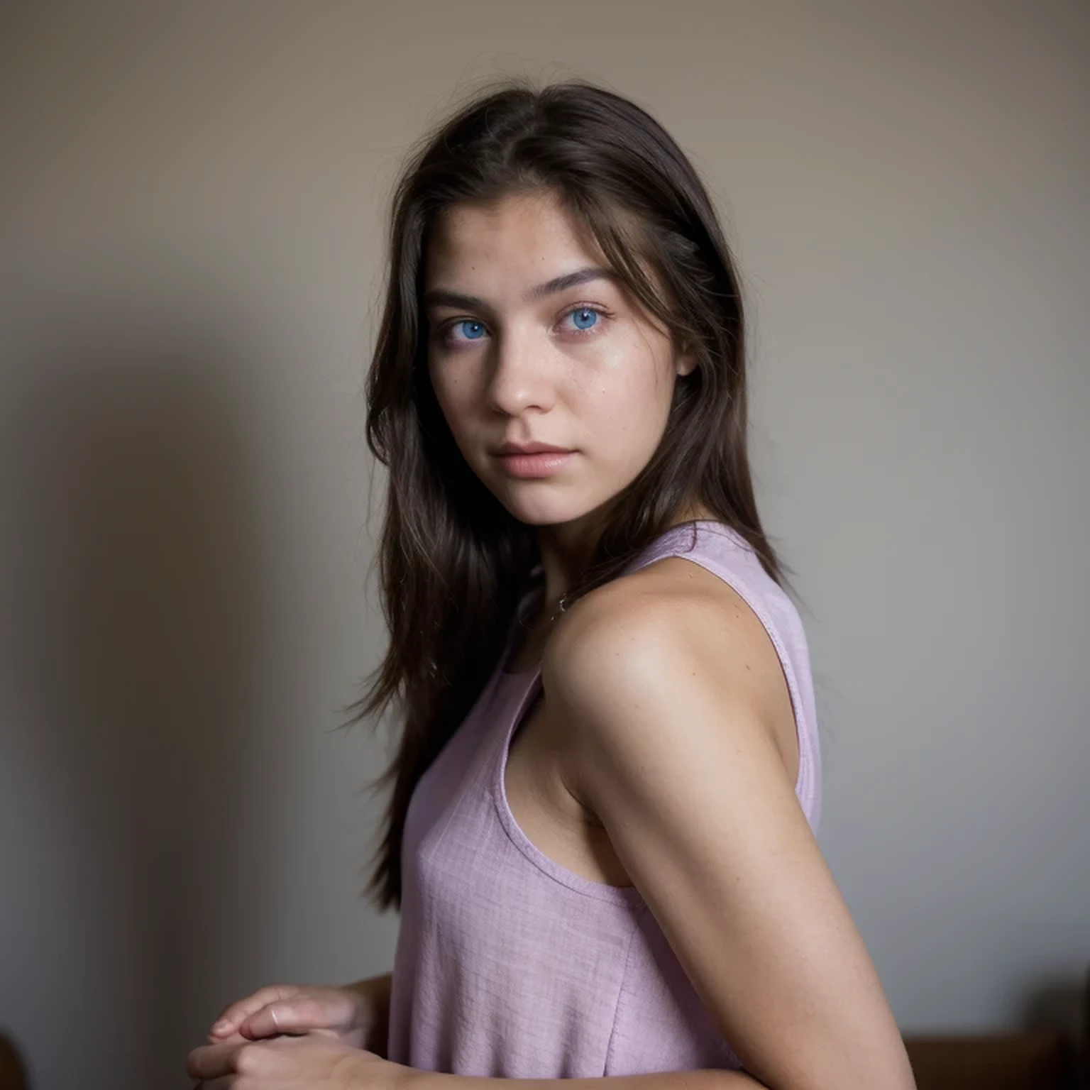 photo of a college student,, in Purple Pink, Linen coarse cloth, (freckles:0.8) cute face, sci-fi, dystopian, detailed eyes, cobalt blue eyes((Side view))Shy