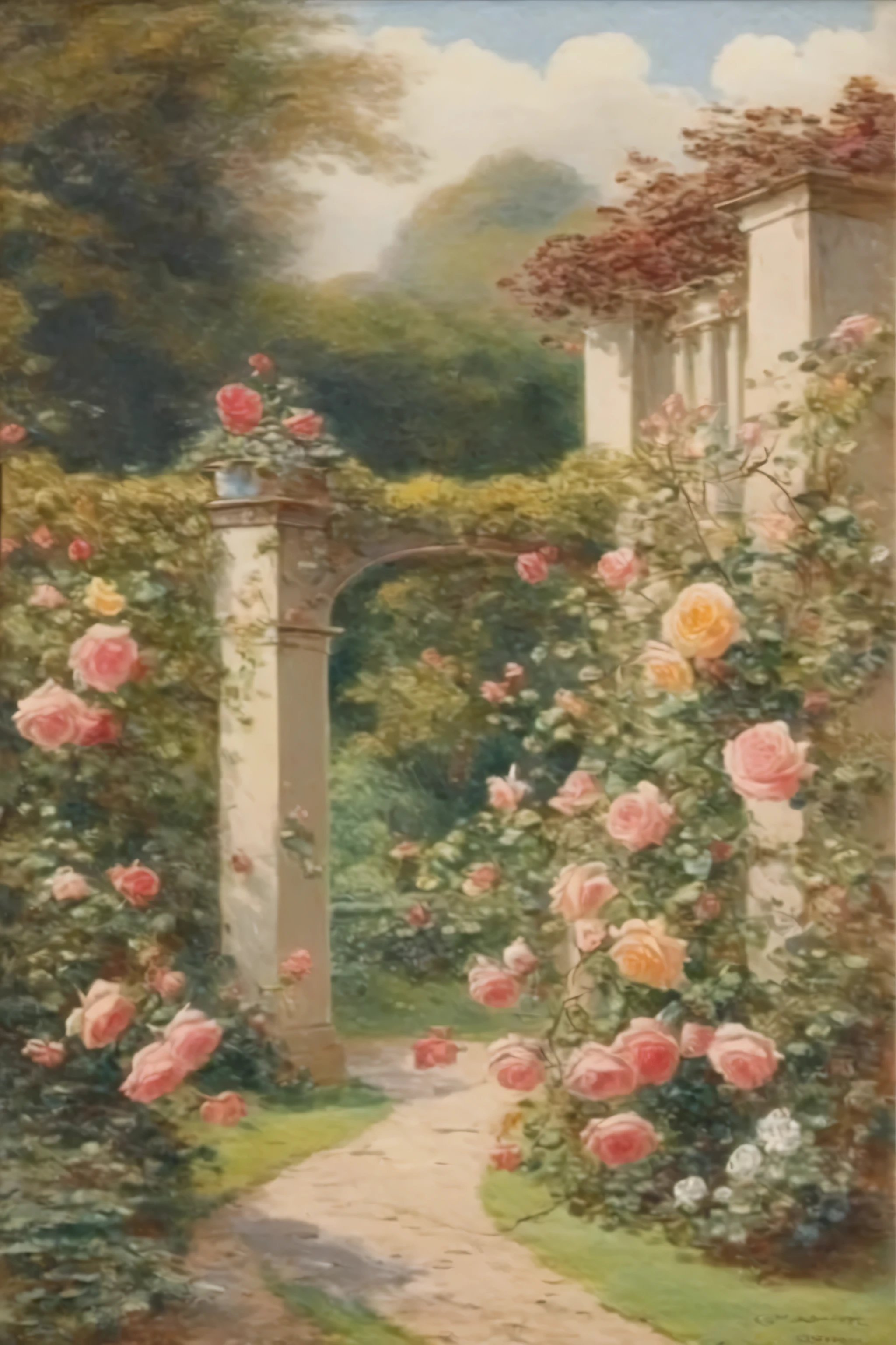 Alfred Augustus Glendon Style - A Serene Garden，Blooming roses and winding vines.