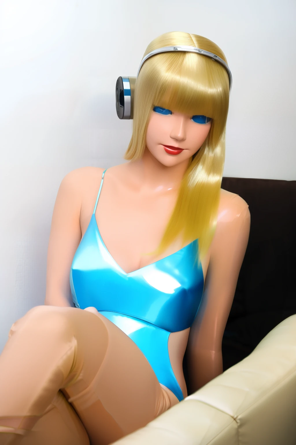 1 girl, robot supermodel, blonde hair, blue eyes, empty eyes, sitting on couch, at home, mind-controlled, hypnotized, dazed,