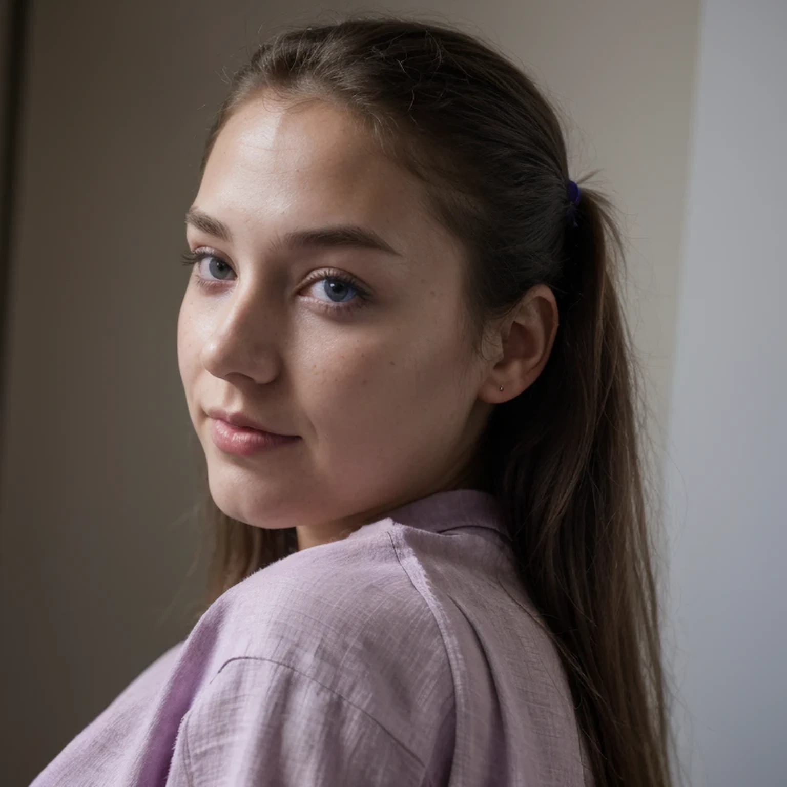 photo of a college student,16 years old, in Purple Pink, Linen coarse cloth, (freckles:0.8) cute face, sci-fi, dystopian, detailed eyes, cobalt blue eyes((Side view))Shy