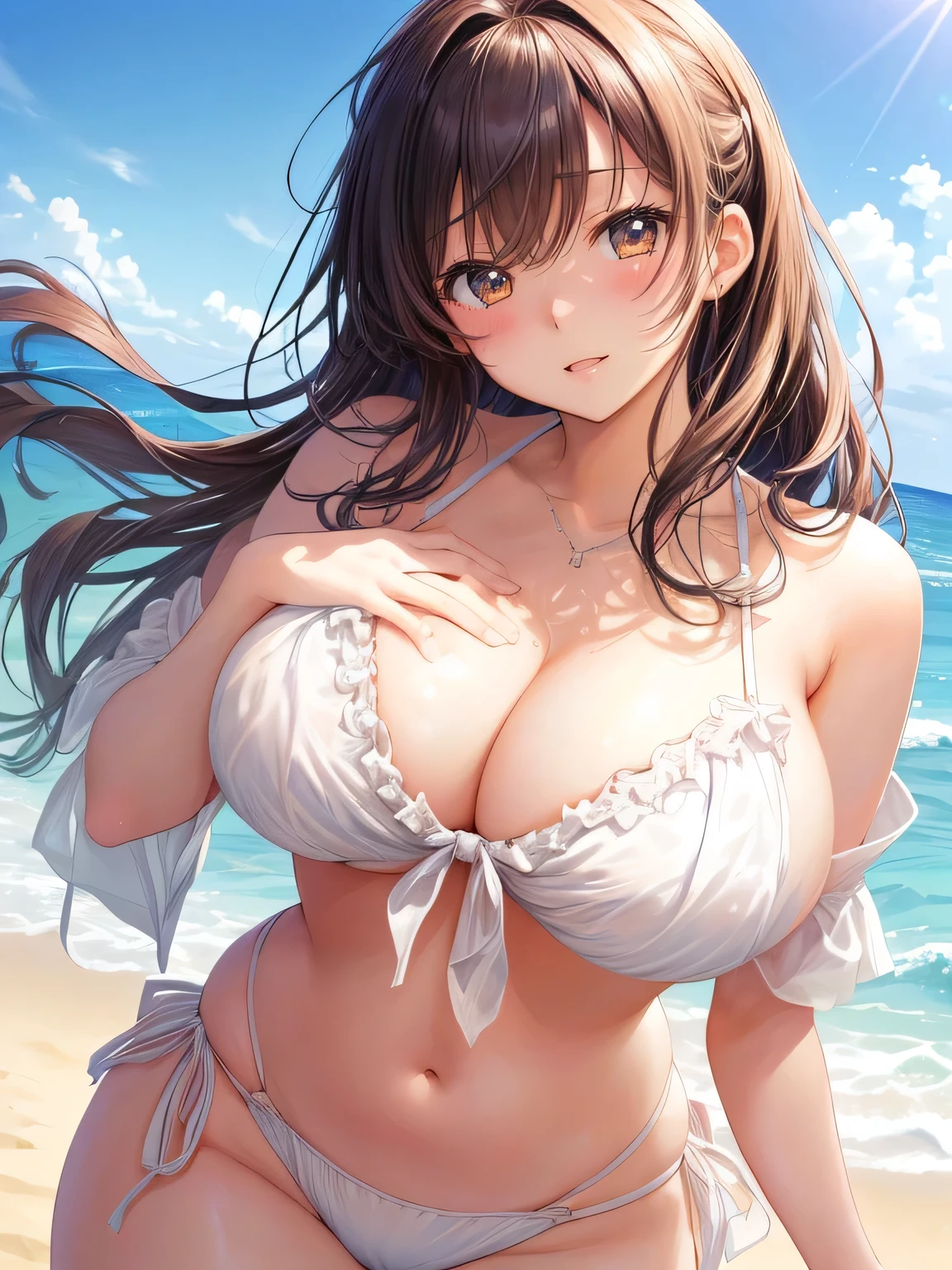 At the Beach Anime girl in bikini posing, tits, Big Breasts!, Enchanting anime girl, At the Beach,  tits proportions, At the Beach, Highly detailed art gems, , At the Beach, Top rated on pixiv