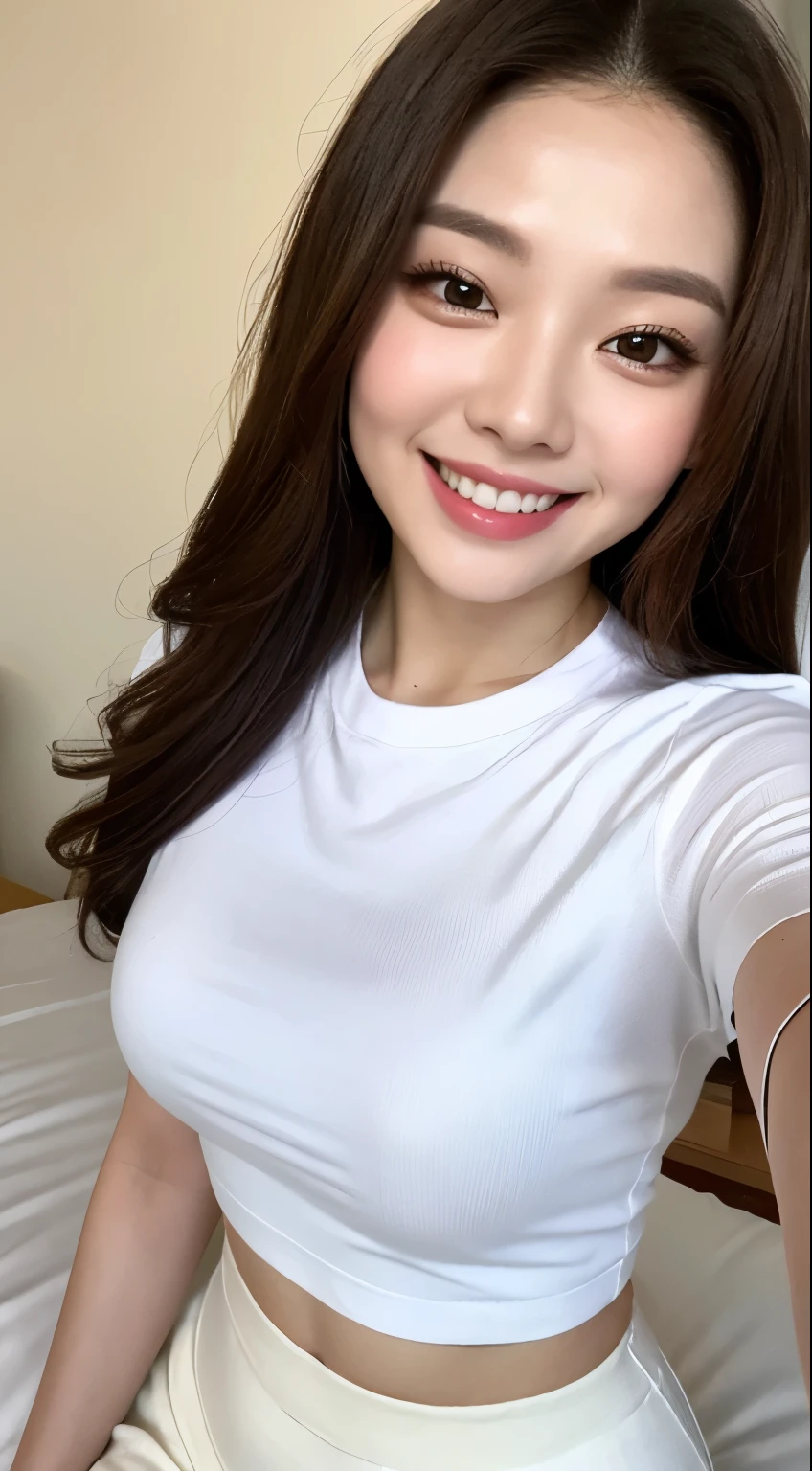 White tight shirt、White tight mini skirt、bed、smile、Short sleeve、high resolution、Korean idol face、double eyelid、White teeth