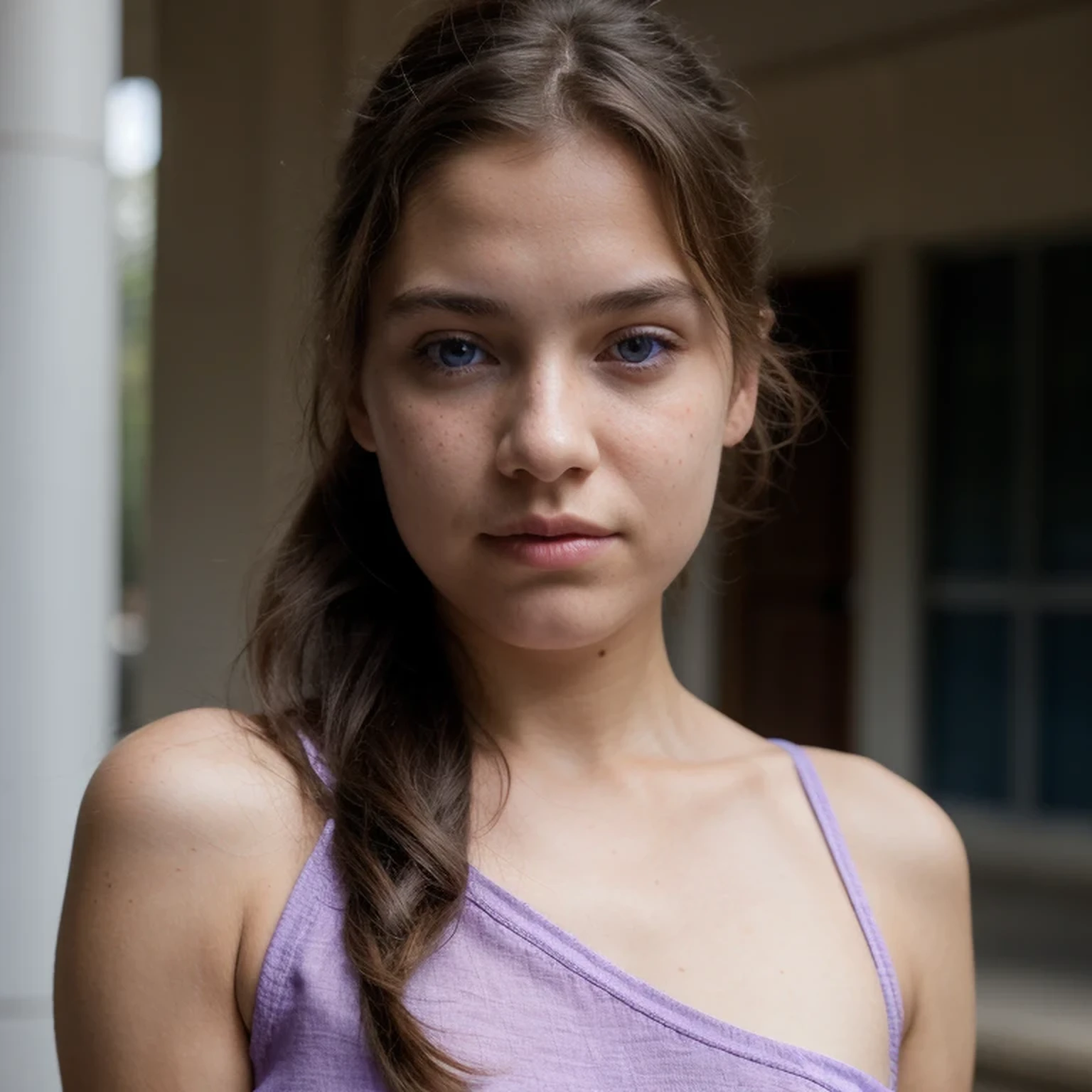 photo of a college student，13 years old, in Purple Pink, Linen coarse cloth, (freckles:0.8) cute face, sci-fi, dystopian, detailed eyes, cobalt blue eyes（（Side view））Shy
