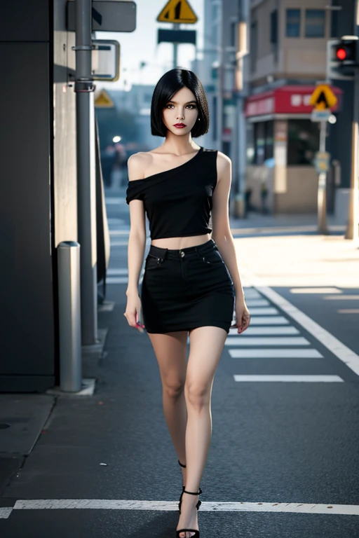 GTA Style,A beautiful girl,shoulder-length straight black bob hair,slim,thin,small breasts,Wearing a black T-shirt, Stand at the crossroads of the street ,32K, Best quality, Masterpiece, Super detail, High details