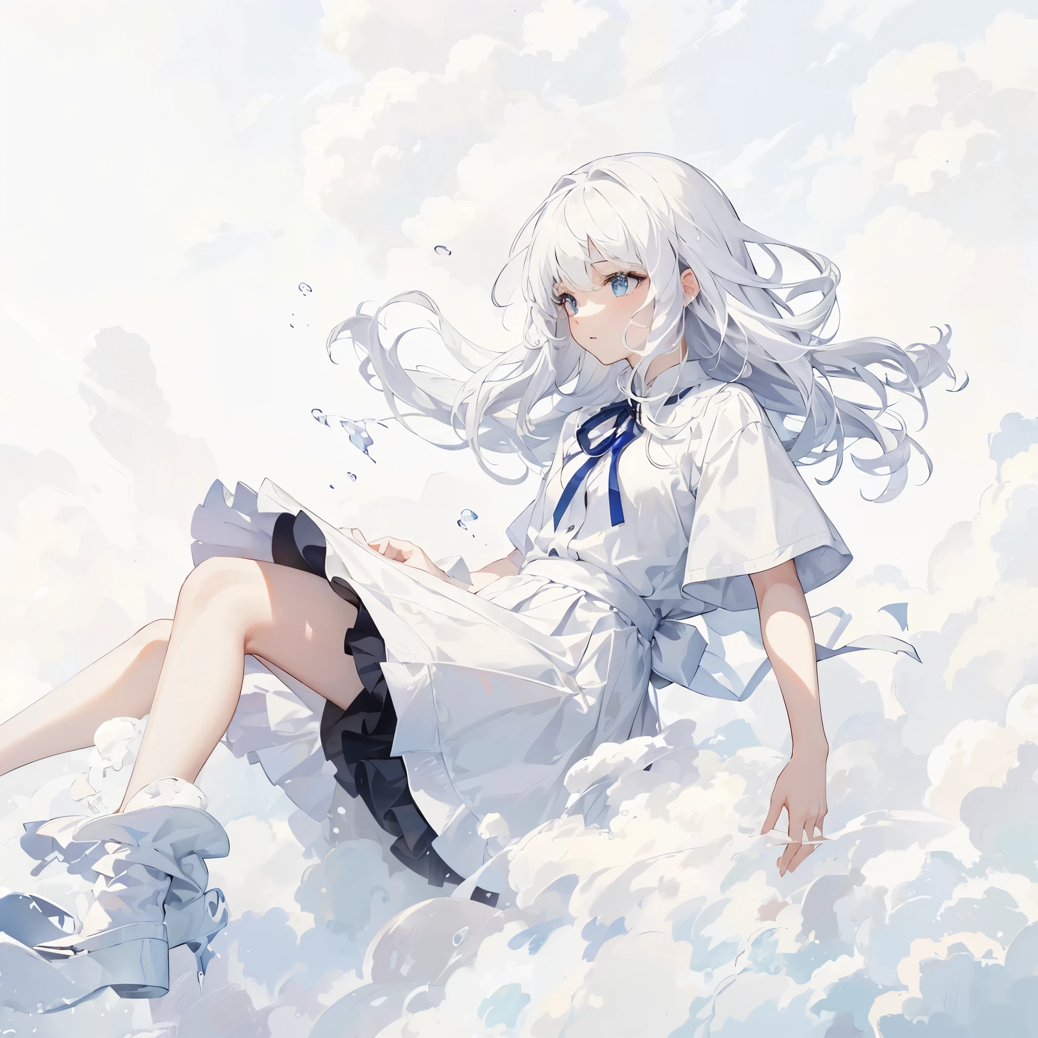 Top quality, masterpiece, 8K, small woman floating in sky, splashing on fluffy clouds, white clouds drifting around her, white background, young face, long white hair, wearing white skirt,