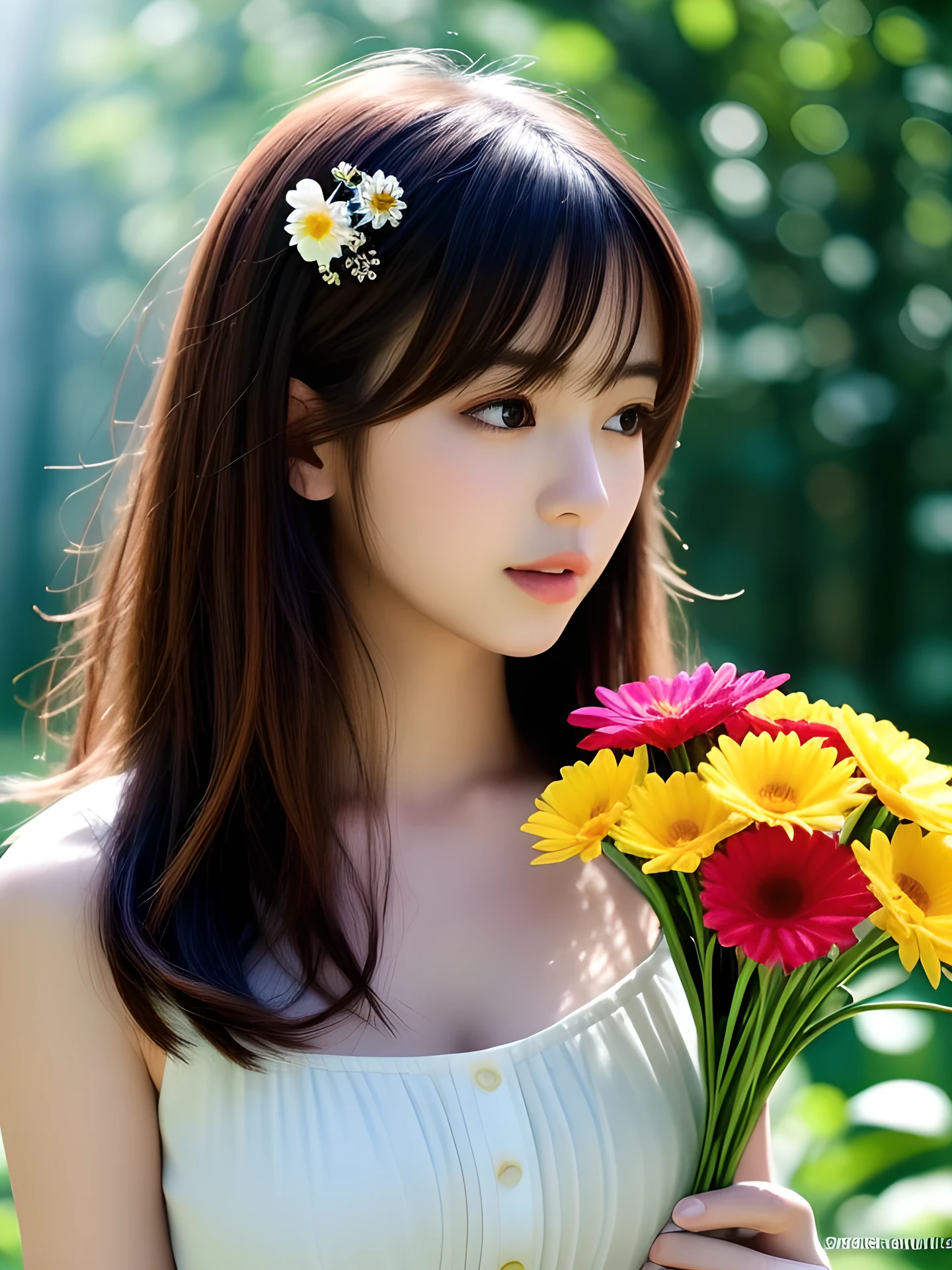 masterpiece, highest quality, High resolution, wallpaper, realistic, (bright lighting:1.4), professional lighting, face light, smooth lighting, japanese girl, full body, cute, open mouth to say something, shy, (A big bouquet of colorful beautiful flowers:1.5), held in front of her chest, so big that it covers her entire body, Beautiful girl, gravure, sexy, super beautiful, beautiful skin, beautiful and detailed eyes、detailed face、slim、moderately, Medium Hair, bangs, brunette colored hair, brown eyes, (looking away:1.4), Summer Dresses, The morning sunlight shines through the misty forest path.