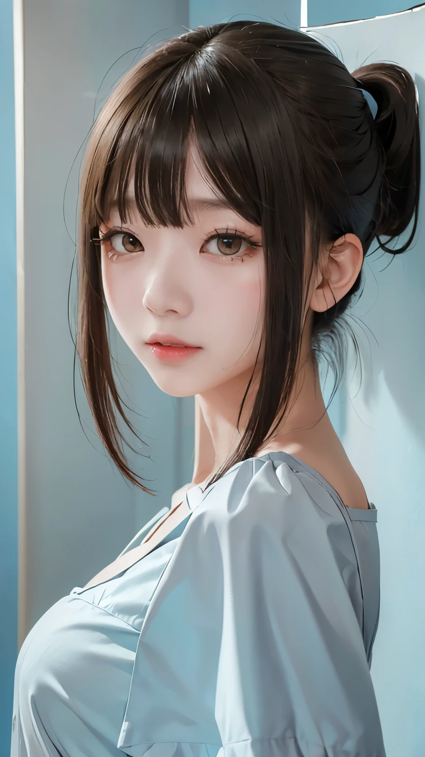 (masterpiece, Best image quality, high quality, High resolution, Realistic:1.2), (Bright lighting, Professional Lighting), One Woman, Realistic Skin, Fine skin, Beautiful Skin, (Black Hair, ponytail, Eyelash extensions, Long, narrow eyes, Iris, How to draw eyes carefully, Watching the audience, Sharp Eyes, Serious expression:1.2), (White short sleeve blouse:1.3), (Portrait:1.3), (Photographed in front of a blue-grey wall:1.3)