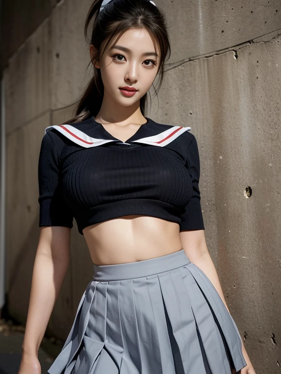 1 the most beautiful girl, standing, (from head to thigh, Japanese sailor , super-low-rise-pleats-mini-skirt, :1.5),　(fine-featured the cutest shy face:1.5), (huge massive and well balanced round breasts:1.2),　front body, fitness body, having abs, accurate human well-proportioned body, long arms and foots, Russian French Japanese and Korean mixed face, 25 years old, no-makeup, dark brown ponytail hair, Beautiful detailed eyes, Basement concrete wall background,masterpiece, Best Quality, Photo-realistic, Ultra-detailed, High resolution, professional lighting, 