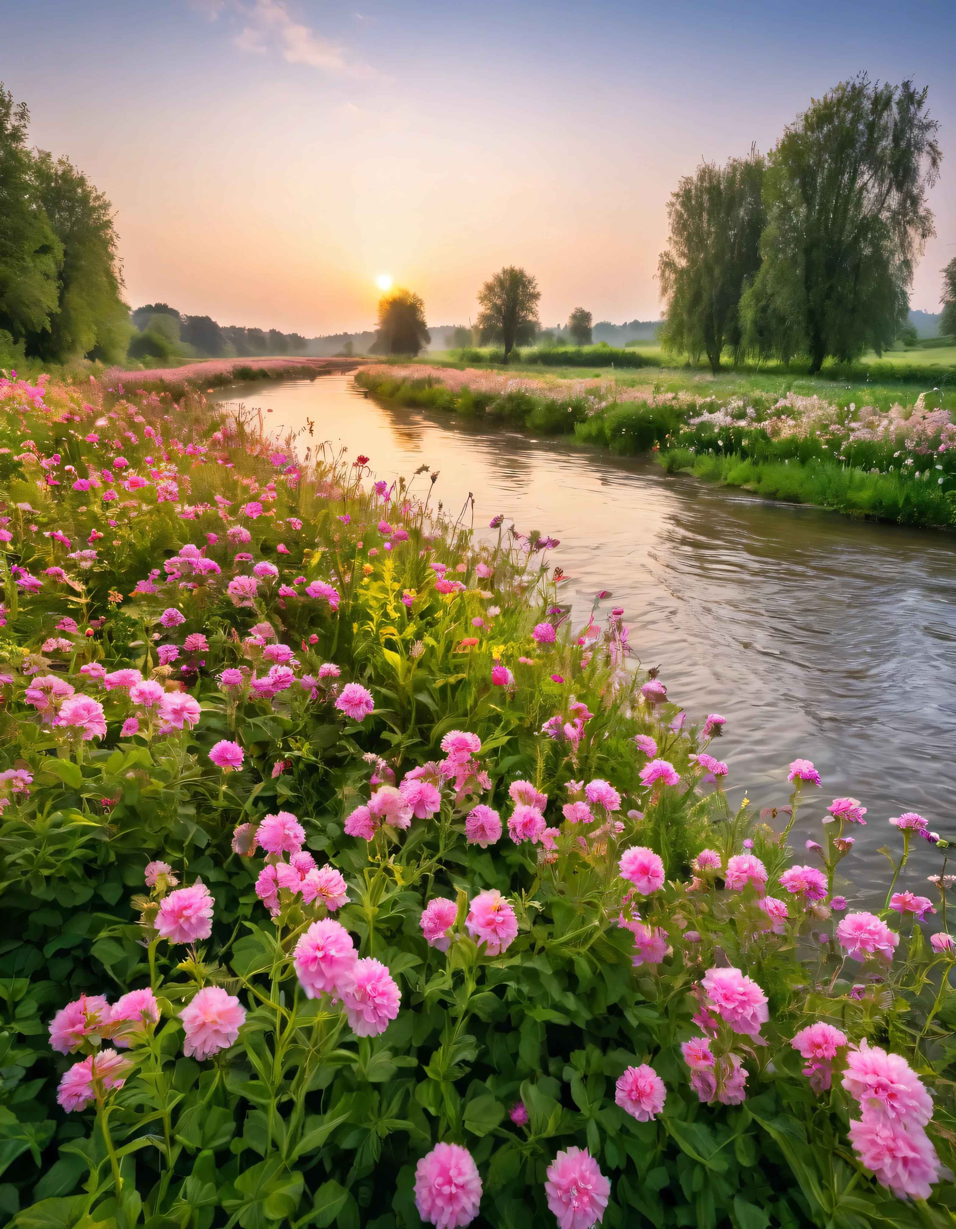 a close up of a river with flowers in the foreground, beautiful nature, stunning nature in background, really beautiful nature, summer morning light, setting in nature, beautiful setting, very beautiful scenery, a beautiful landscape, beautifully lit landscape, beautiful scenery, very very beautiful scenery, beautiful scene, field of pink flowers, very very very beautiful scenery, flower garden summer morning