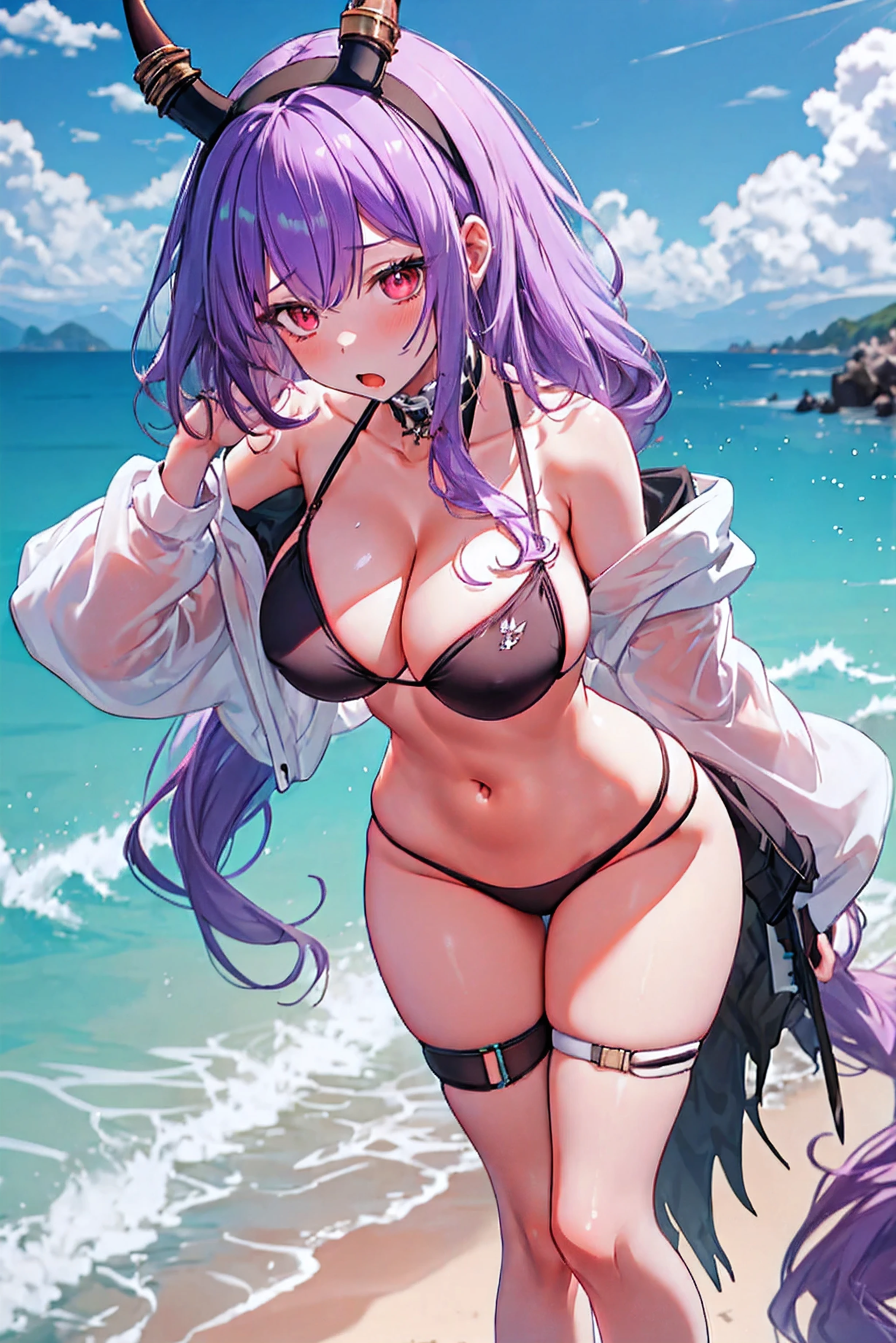typhon| arknights, Masterpiece, best quality, 1 girl,25 years old , The micro bikini is very small., Huge, enormous breasts, There are dragon designs that are both long and large., เขาบนหัวแบบมังกรขนาดใหญ่ very long hair, hairband, purple hair, proportion body, proportion, show your , This micro bikini,micro mini bikini, Lying on the beach with alluring challenges, unctuous. ,only, beautiful sea, The sky is beautiful, Looking at the audience from the front, thigh strap, tilt your head, bored, 10, 10, high resolution, show a serious design, Expressing anger, Expressing an expression of displeasure , Very angry ,