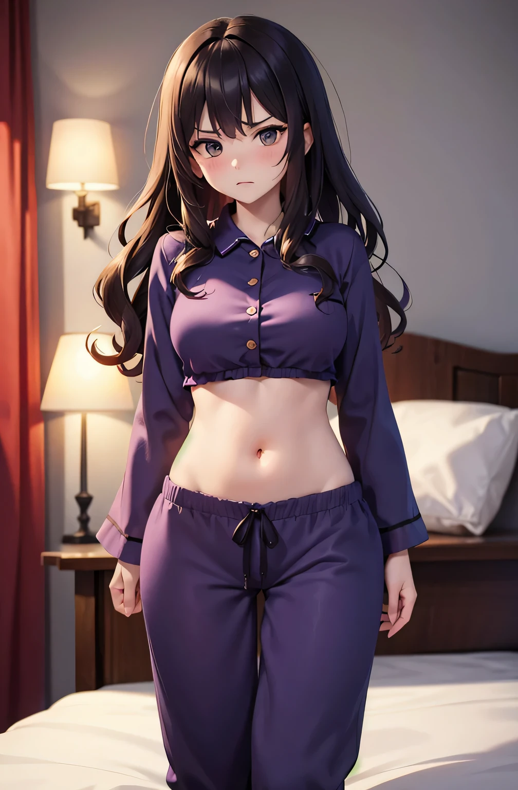 super fine illustration, vibrant colors, masterpiece, sharp focus, best quality, depth of field, cinematic lighting, ultra detailed, sleeves, crop top, pajamas, button-up, pajama pants, drawstring, belly button, wide hips, 1 woman, home, solo, very messy hair, dark color hair, long hair, curly hair, blush, angry, room, indoors, mature female, tall woman, medium breasts, sassy