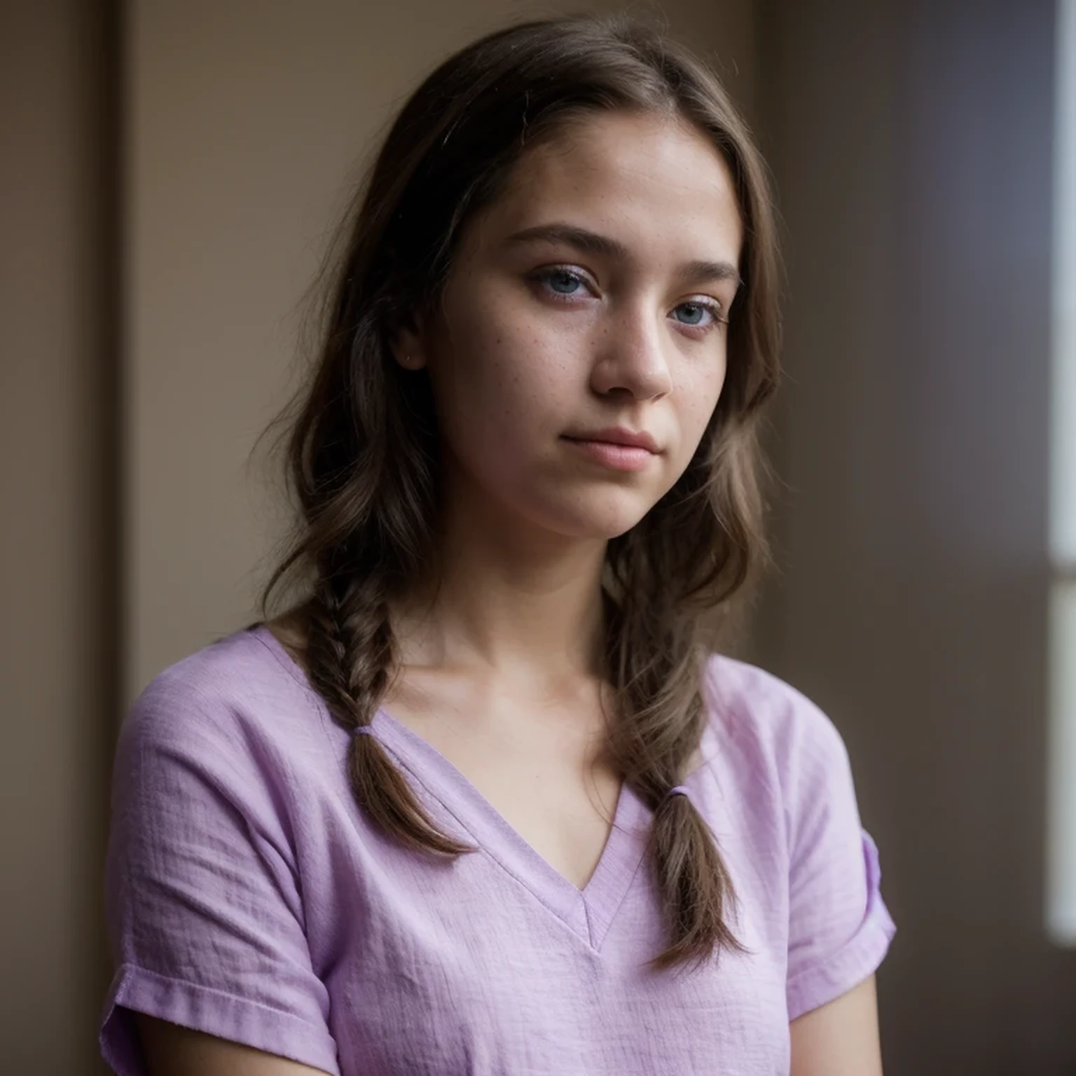 photo of a college student，13 years old, in Purple Pink, Linen coarse cloth, (freckles:0.8) Blush，cute face, sci-fi, dystopian, detailed eyes, cobalt blue eyes（（Side view））Shy