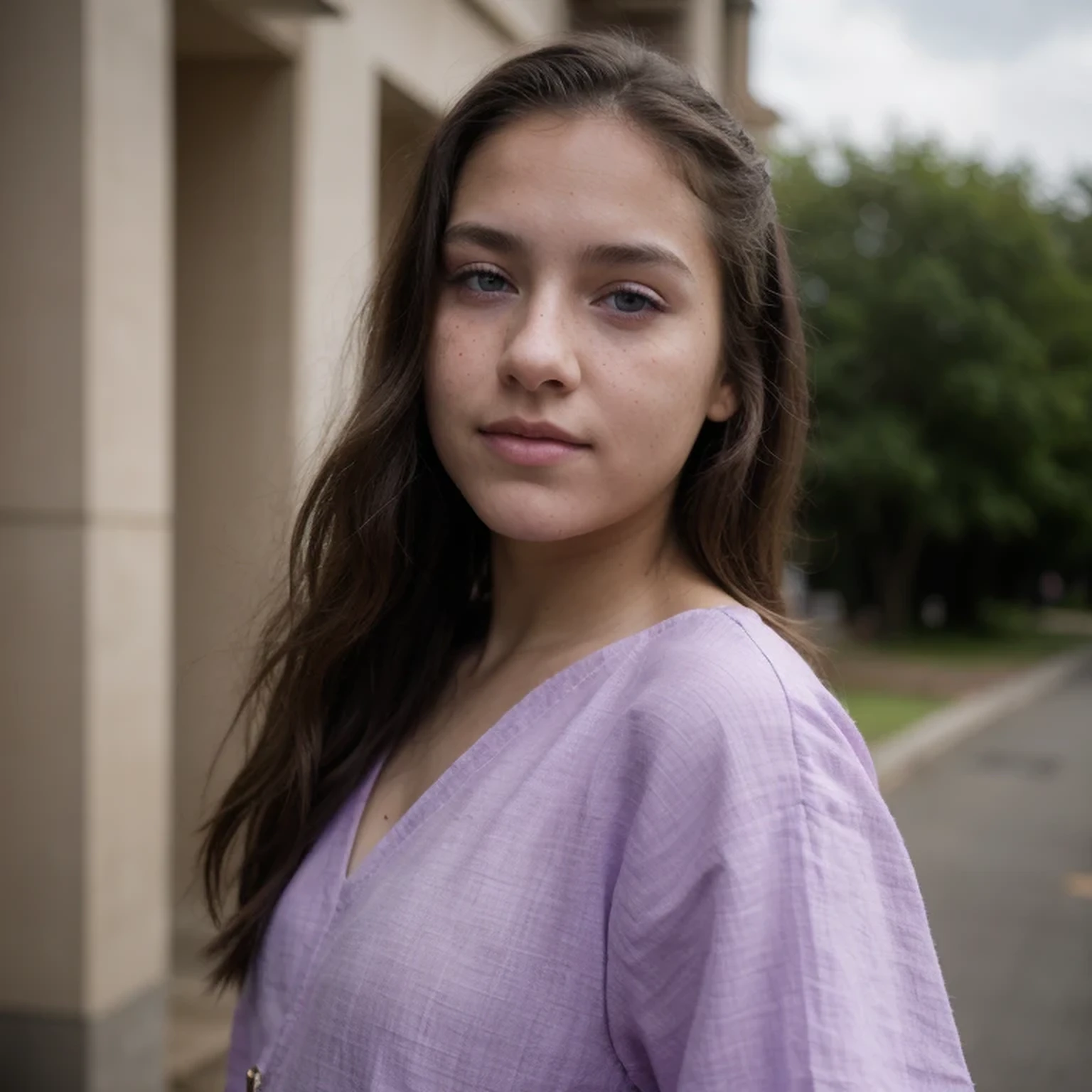 photo of a college student，13 years old, in Purple Pink, Linen coarse cloth, (freckles:0.8) Blush，cute face, sci-fi, dystopian, detailed eyes, cobalt blue eyes（（Side view））Shy