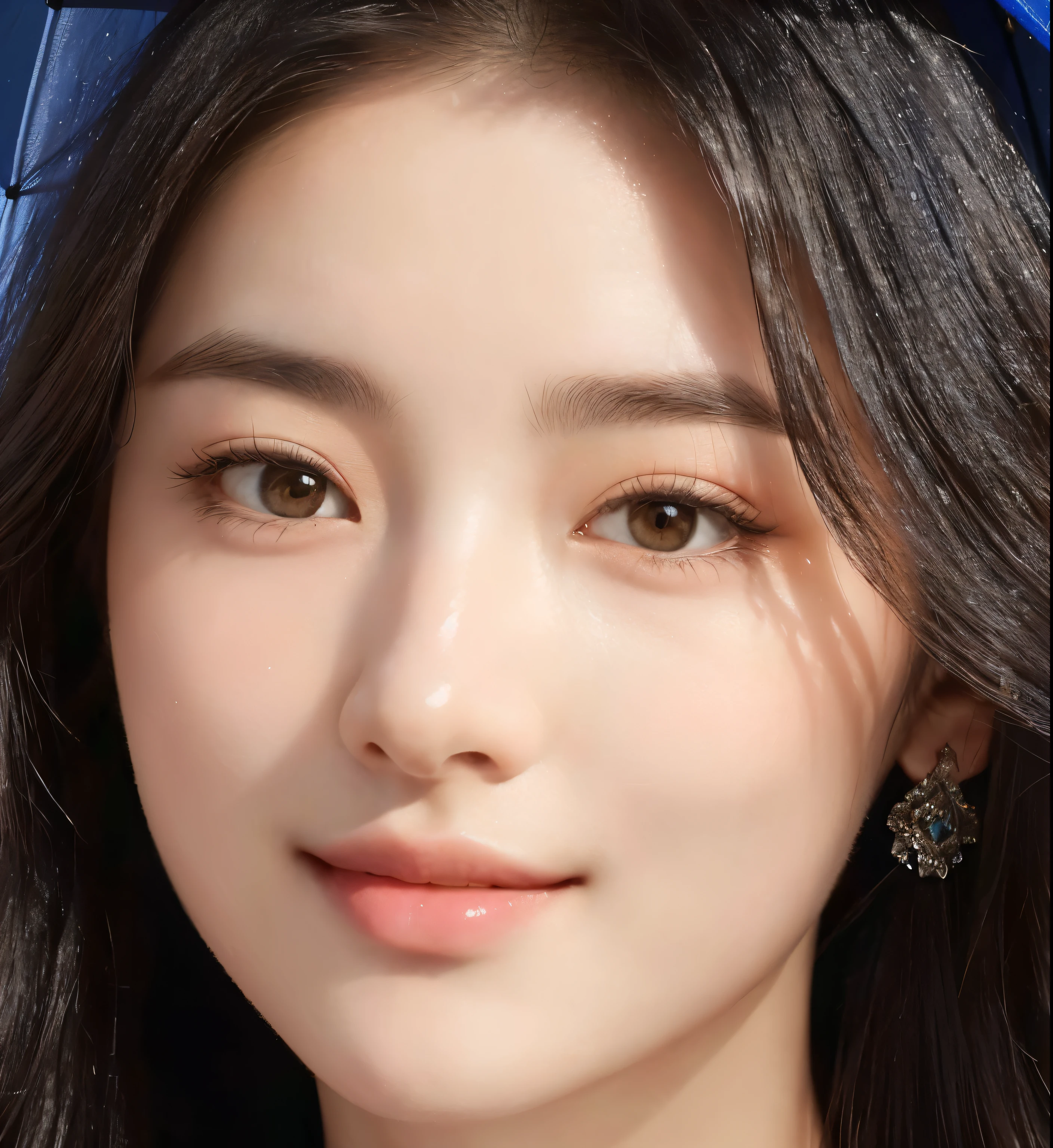 There is a long-haired woman,Holding a blue umbrella, High quality portrait, photoRealistic and beautiful face, Round Face, Realistic and beautiful face, Realistic Portraits photo, beautiful realistic face, Realistic digital illustrations, Beautiful and realistic face, Inspired by Shen Si Zheng, high detail portrait photo, hyperRealistic and beautiful face, Inspired by Huang Ji, high detail portrait, Realistic Portraits