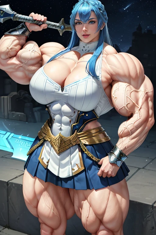 (((((Massive, tall, beautiful, buff, muscular pale white skinned female Valkyrie with royal blue hair, ginormous bulky muscles, holding a broad axe and wearing an all royal blue gleaming Valkyrie armor and pleated skirt))))), (close view), black eyeliner, massive muscles, massive biceps, hyper muscle triceps, (long wavy curly hair), white eyes, valkyrie boots, In heaven, steel Valkyrie armor, armor breastplate, nighttime, confident smile, (hyper muscles arms), hyper muscle legs, (ginormous arms)