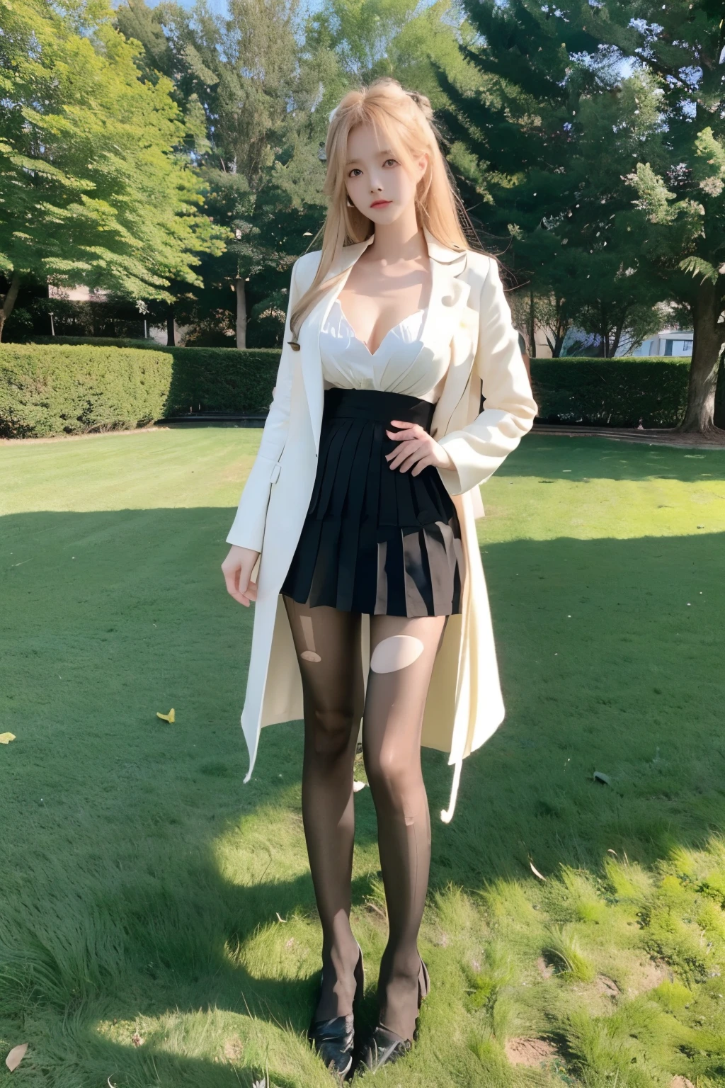 Beautiful woman with perfect body：1.4，Layered Hairstyle，Prominent cleavage，Highly detailed face and skin textures，Double eyelids，Skin Whitening，Long hair，Whitened long legs，blond，（Black coat，Pleated Skirt，Black pantyhose）Standing on the grass