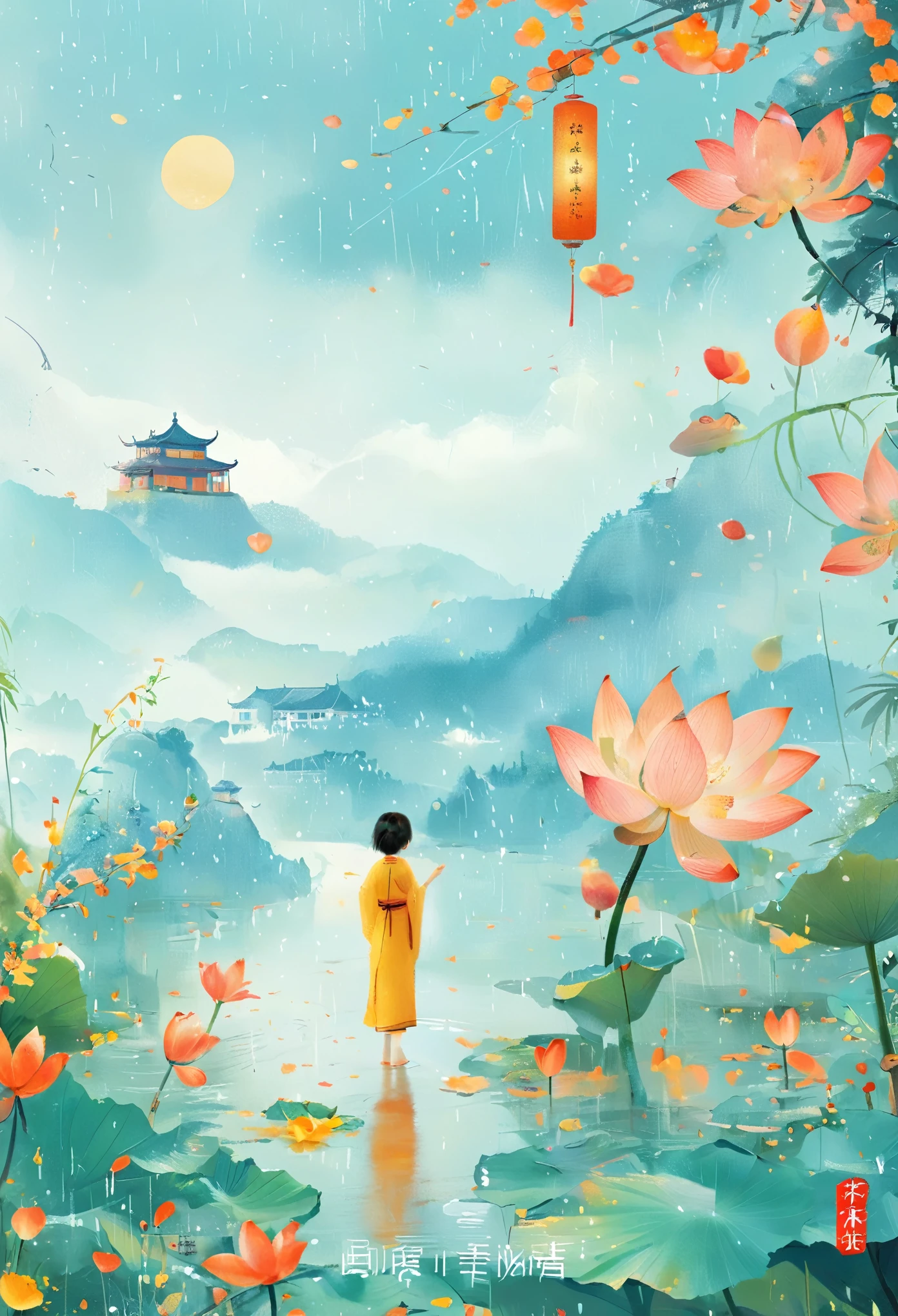 1girl, Cai GuoRUN's illustration style, Flat illustration style,Showing the characteristics of beach New Year paintings,Shuttle,Lotus Stand,Door God,Fairies gather,Bright image,colorful,Exquisite details,Flickering Lights and Shadows,Expressing struggle and hope, 1cgrssh1