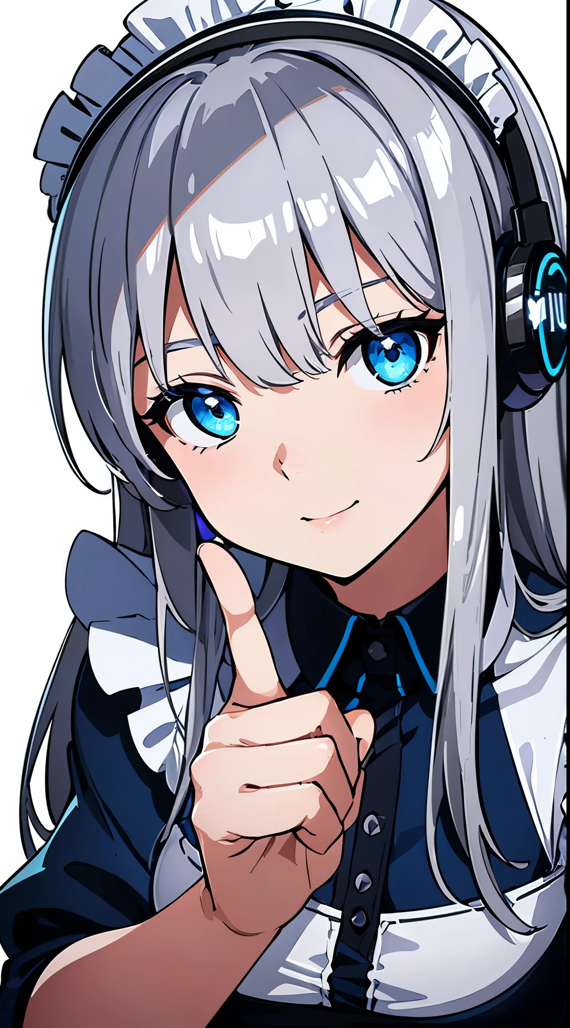 ((Blue shining mechanical eyes:1.4))、((8k)), ((32k)), ((highest quality)), ((masterpiece)), ((超A high resolution)), ((Tmasterpiece))、smile, ((Hello:1.4))、((銀色のメカニカルheadgear:1.4))、((Ruffled headband:1.3))、((Silver Cyber Headphones:1.3))、Fine skin, High quality fabric、((Beautiful and dense face))、RAW Photos、Professional, Ultra-fine painting, ((alone)), Beautiful breasts、highest quality, Very detailed, Very detailed詳細, Finer details, so beautiful,bangs, blue eyes, ((Wearing maid clothes:1.3))、cowboyshot, cowboy_shot, Side Focus, headgear, Shiny、(Five Fingers, Four fingers and thumb)、 (((Long silver hair)))、Sleek and intimidating design,8k high quality detailed art, 3D rendering of character art in 8K, neat legs, Defined, Defined fingers,((headshot:1.3))