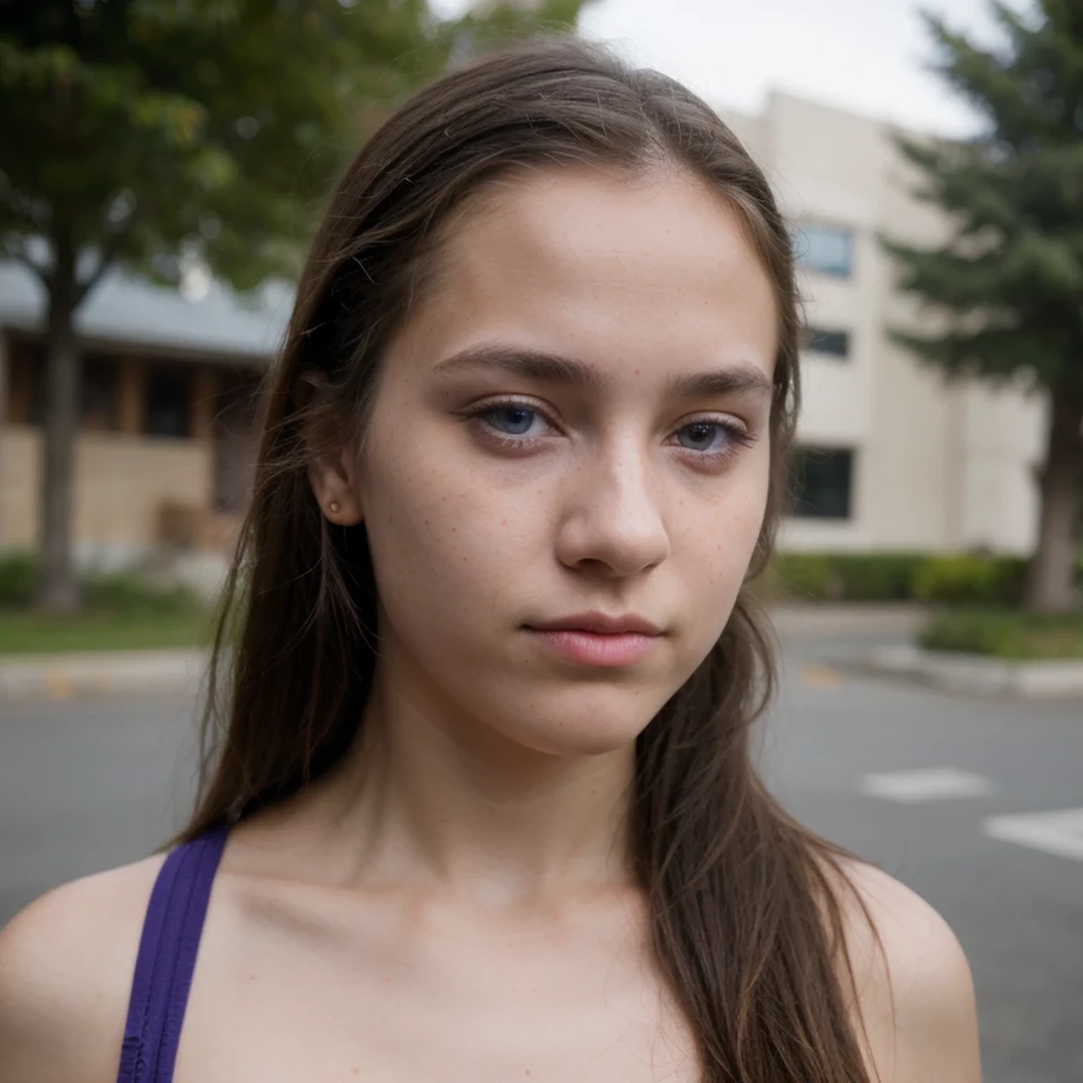 photo of a college student，, in Purple Pink, Linen coarse cloth, (freckles:0.8) Blush，cute face, sci-fi, dystopian, detailed eyes, cobalt blue eyes（（Side view））Shy