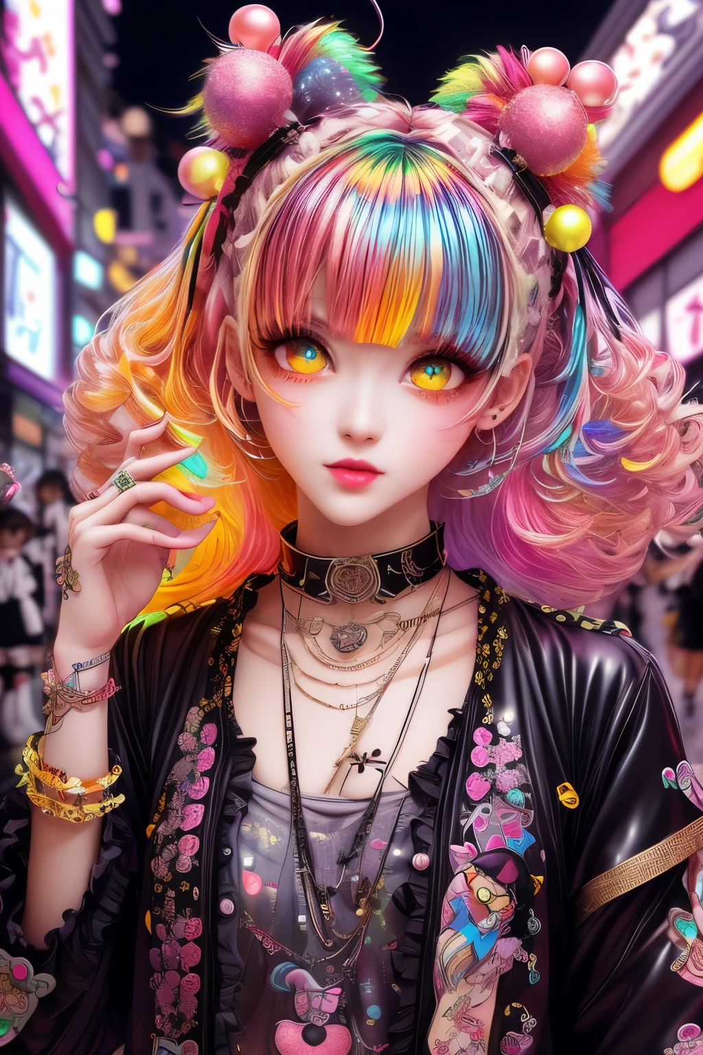 This is a colorful and ornate (masterpiece). Generate a trendy decora woman in the colorful and busy streets of Akihabara, Tokyo. Generate a lovely decora adult woman in the style of Olya Anufrieva on Artstation and Harajuku street fashion. Her clothes are vibrant in the Harajuku style. Include oversized accessories, neon colors, and inventive layering. The woman's clothes and accessories should be highly ornate in the ((((Harajuku decora)))) and decora kei style. The woman's hair is curly and glossy and styled cutely. The woman's clothes and accessories should be highly ornate in the Harajuku decora and decora kei style. Her eyes are important and stunning, with interesting coloring and patterns. ((((iridescence and shimmer)))), glitter, best eyes, best quality, cyberpunk kei, visual kei, selfie, bold colors and patterns, LED lights, ((glowing neon signs)), ((ultra detailed)), dynamic composition, (((decora)))