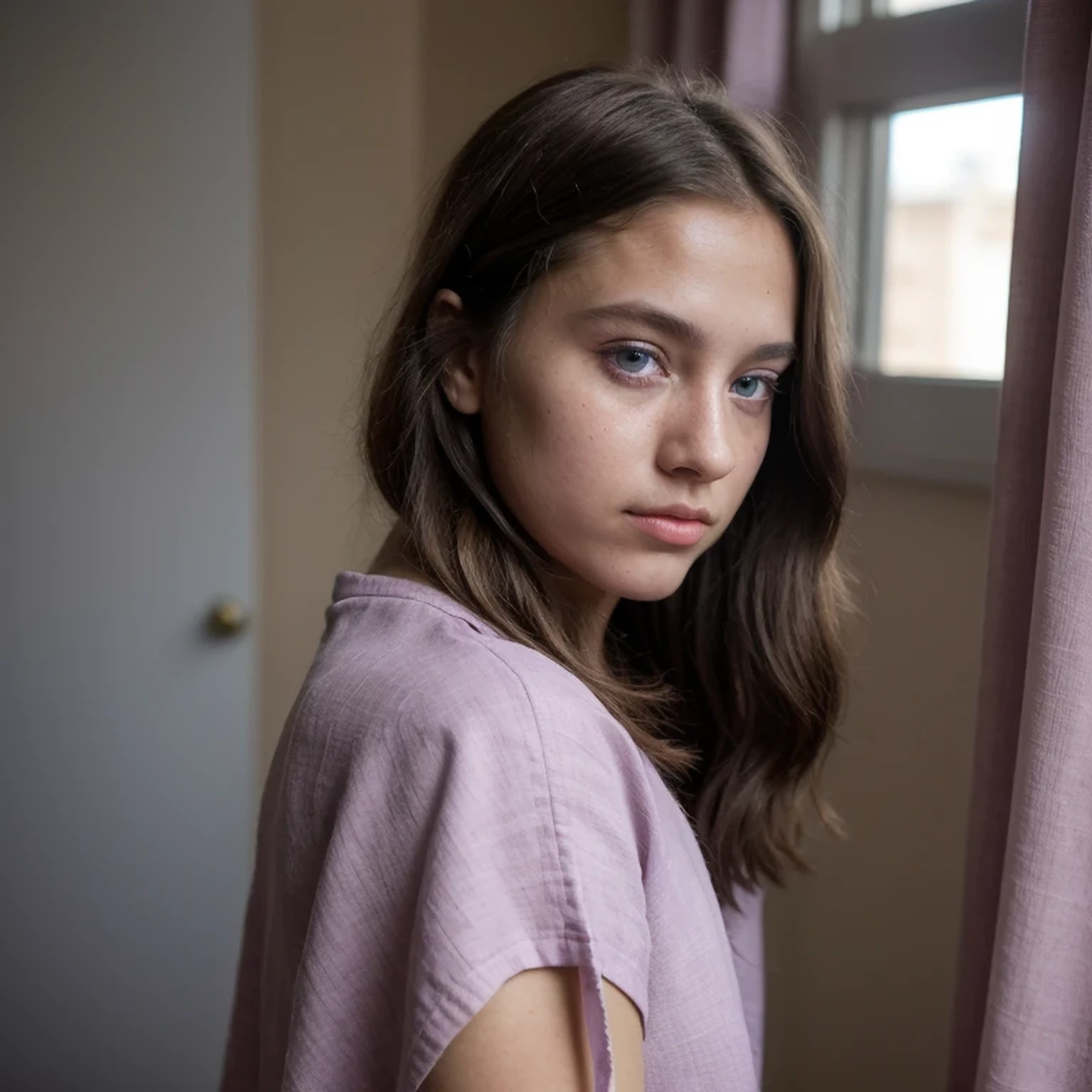 photo of a college student，9 years old, in Purple Pink, Linen coarse cloth, (freckles:0.8) Blush，cute face, sci-fi, dystopian, detailed eyes, cobalt blue eyes（（Side view））Shy